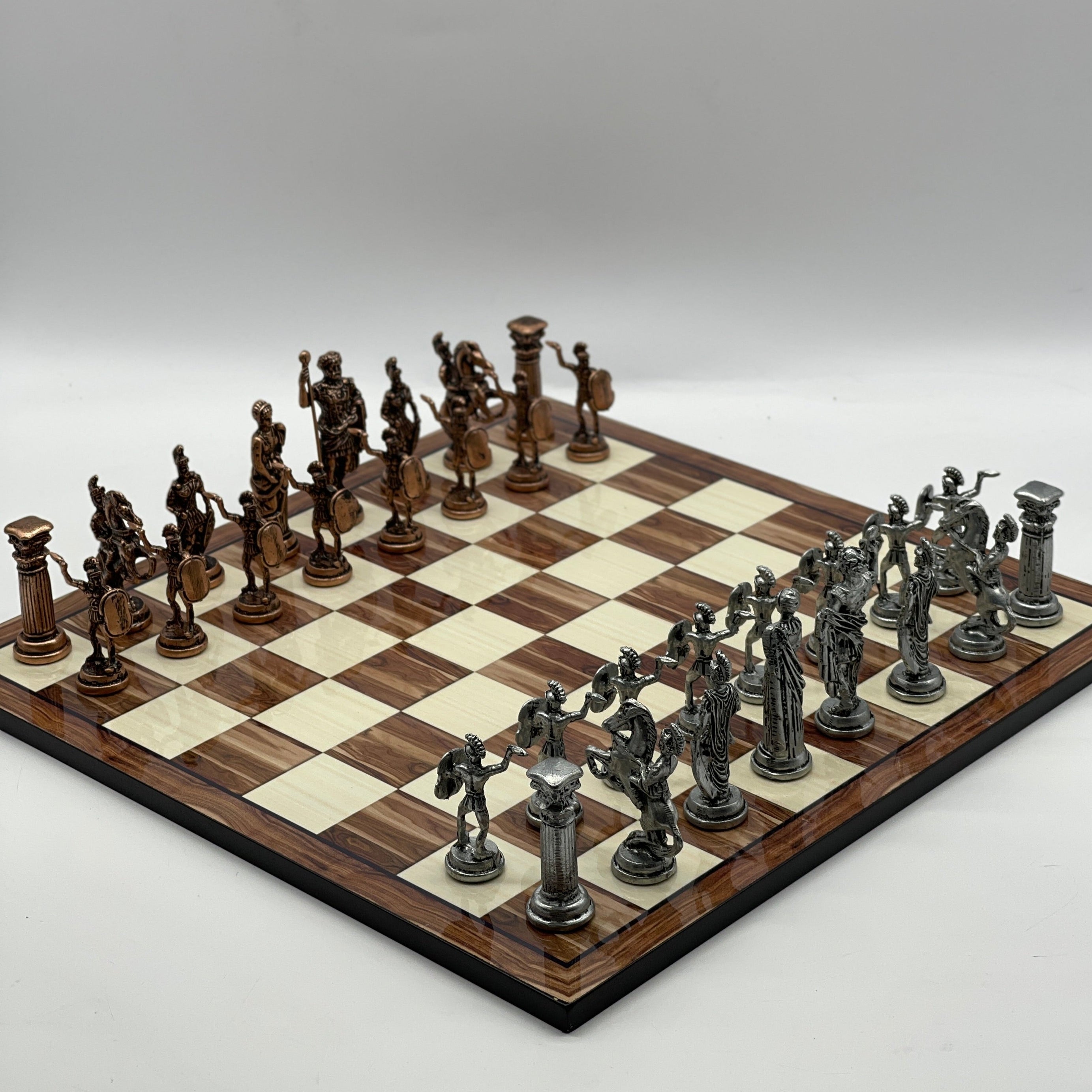 16.9" Large Walnut Patterned Wooden Chess Board With Large Metal Stone