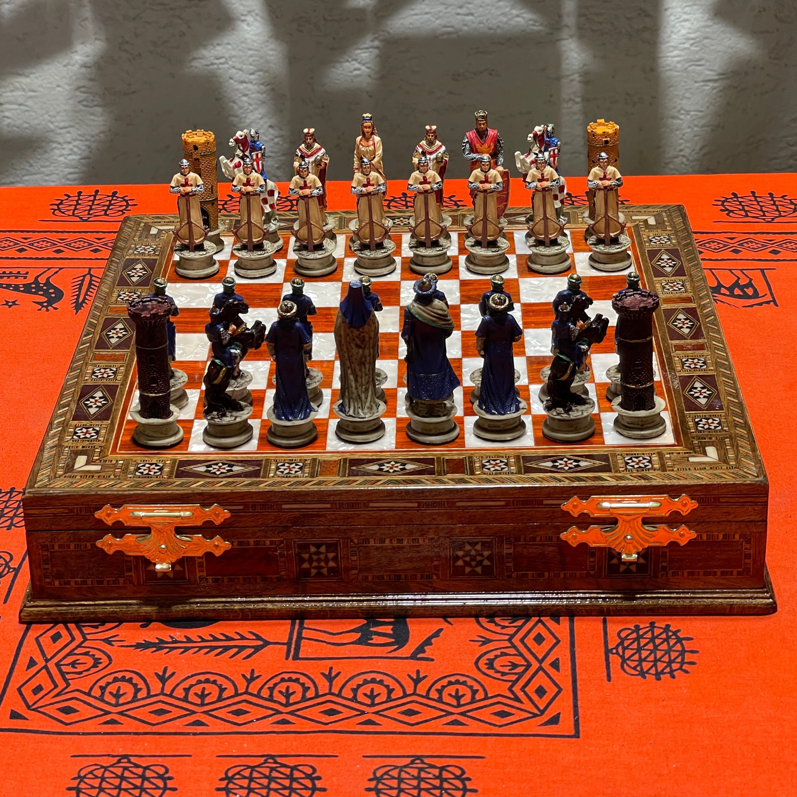 15" Custom Unique Wooden Storage Chess Set with Crusaders Chess Figures
