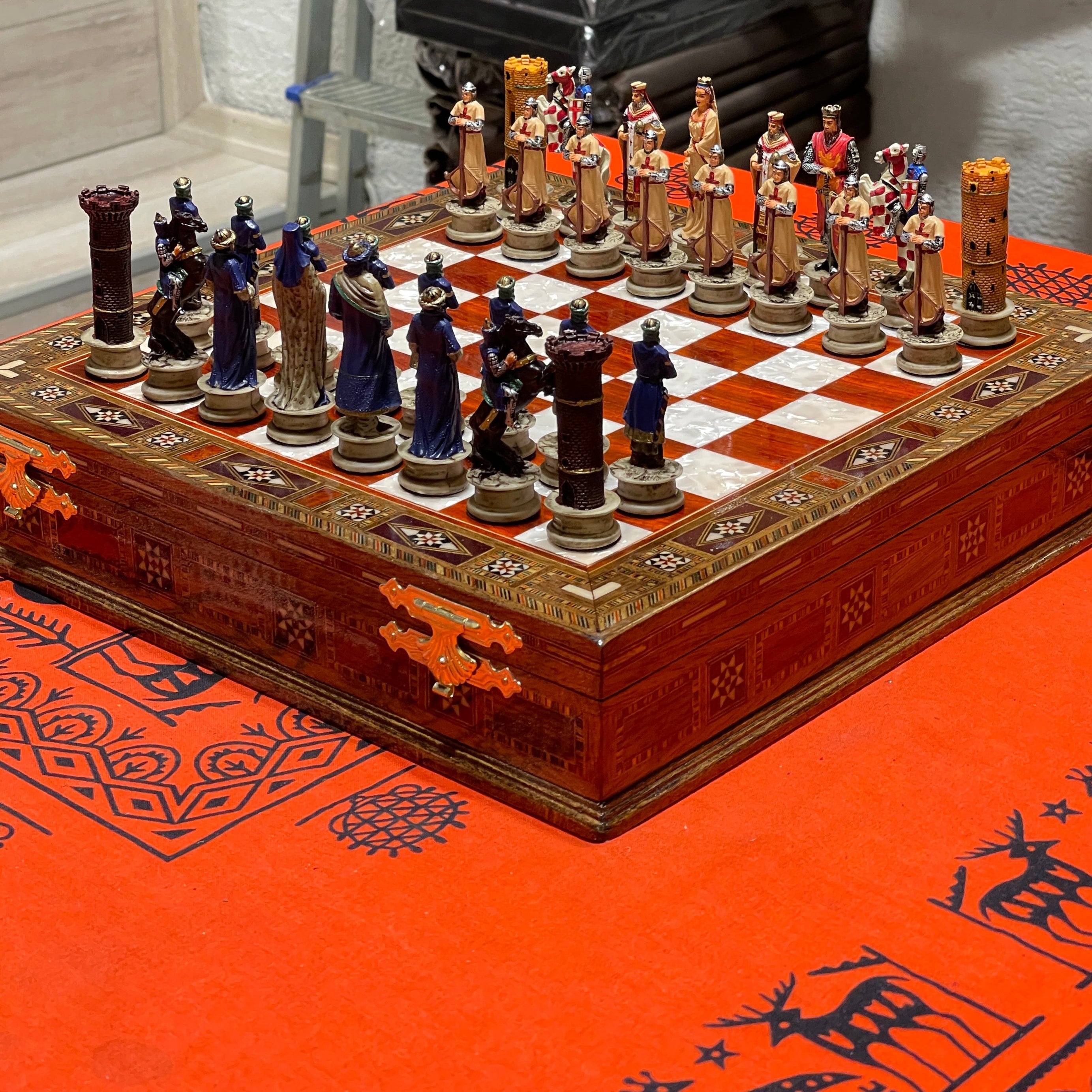 15" Custom Unique Wooden Storage Chess Set with Crusaders Chess Figures