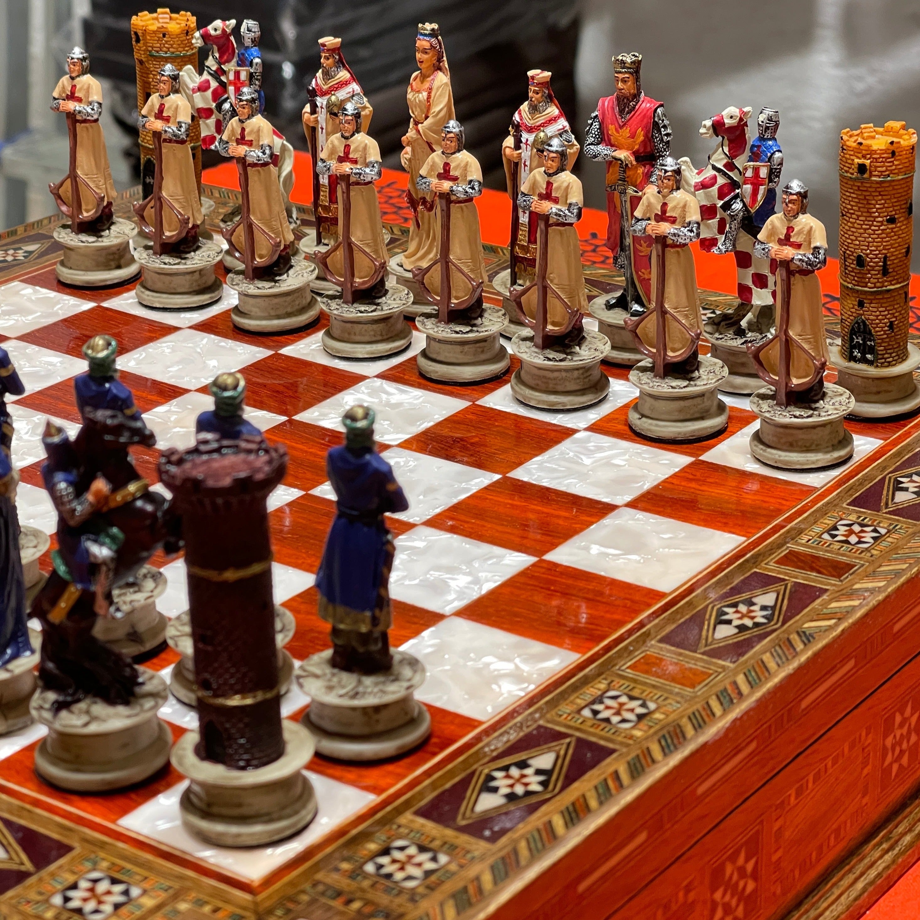 15" Custom Unique Wooden Storage Chess Set with Crusaders Chess Figures