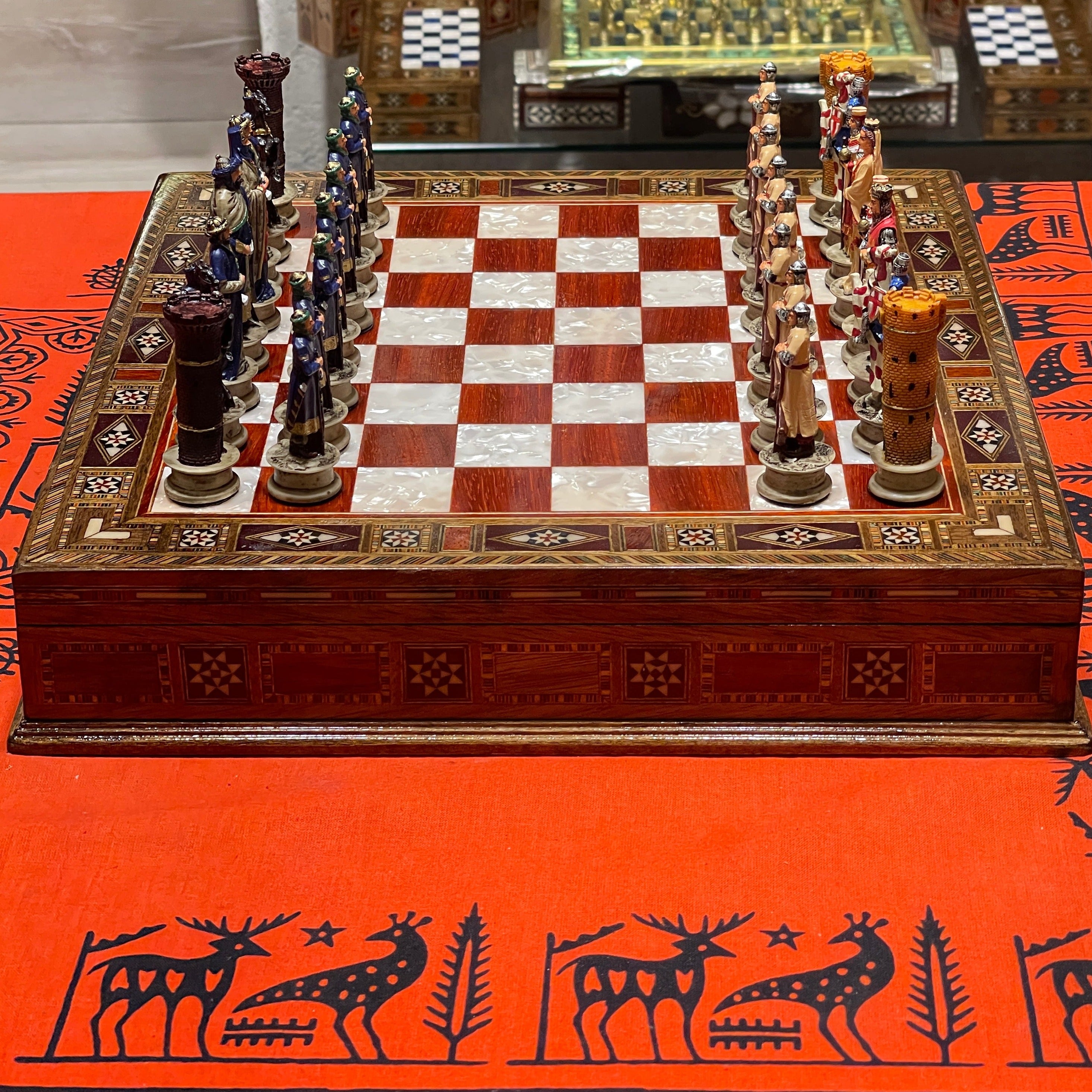15" Custom Unique Wooden Storage Chess Set with Crusaders Chess Figures