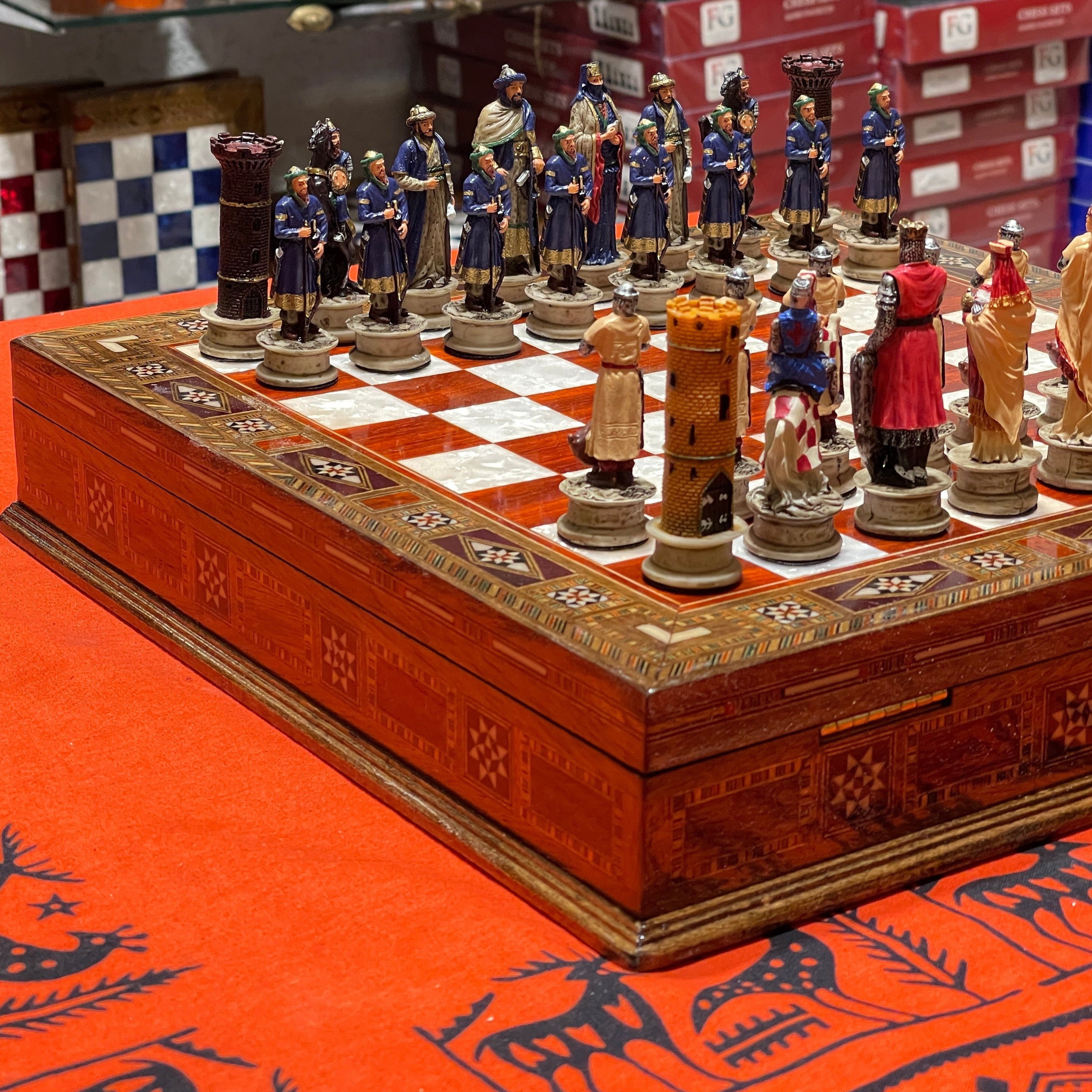 15" Custom Unique Wooden Storage Chess Set with Crusaders Chess Figures