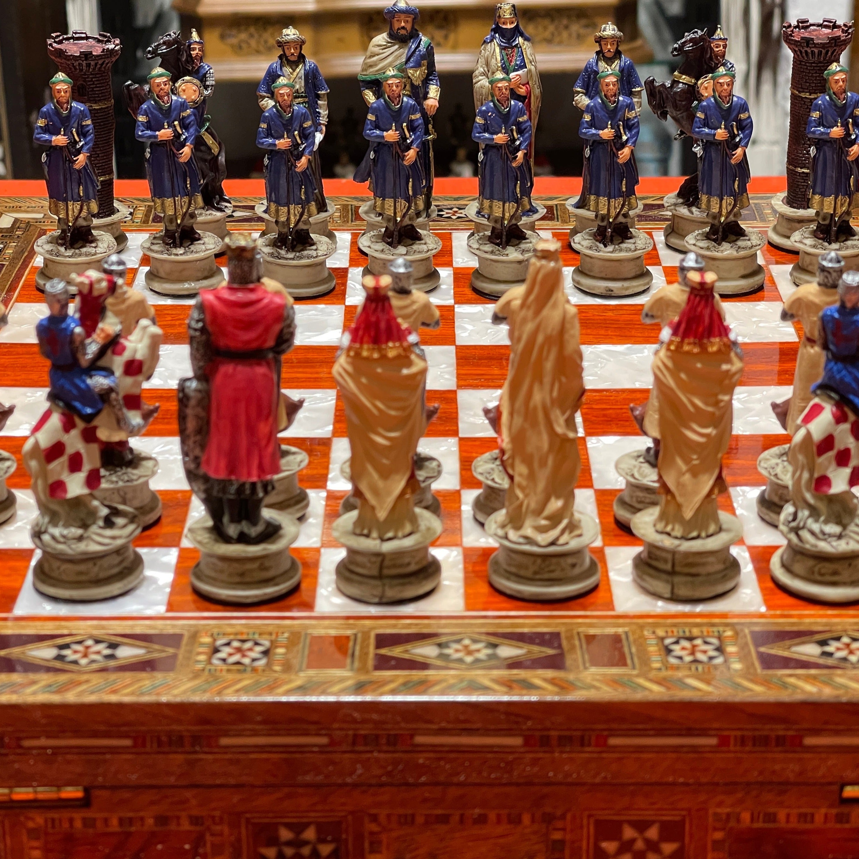 15" Custom Unique Wooden Storage Chess Set with Crusaders Chess Figures