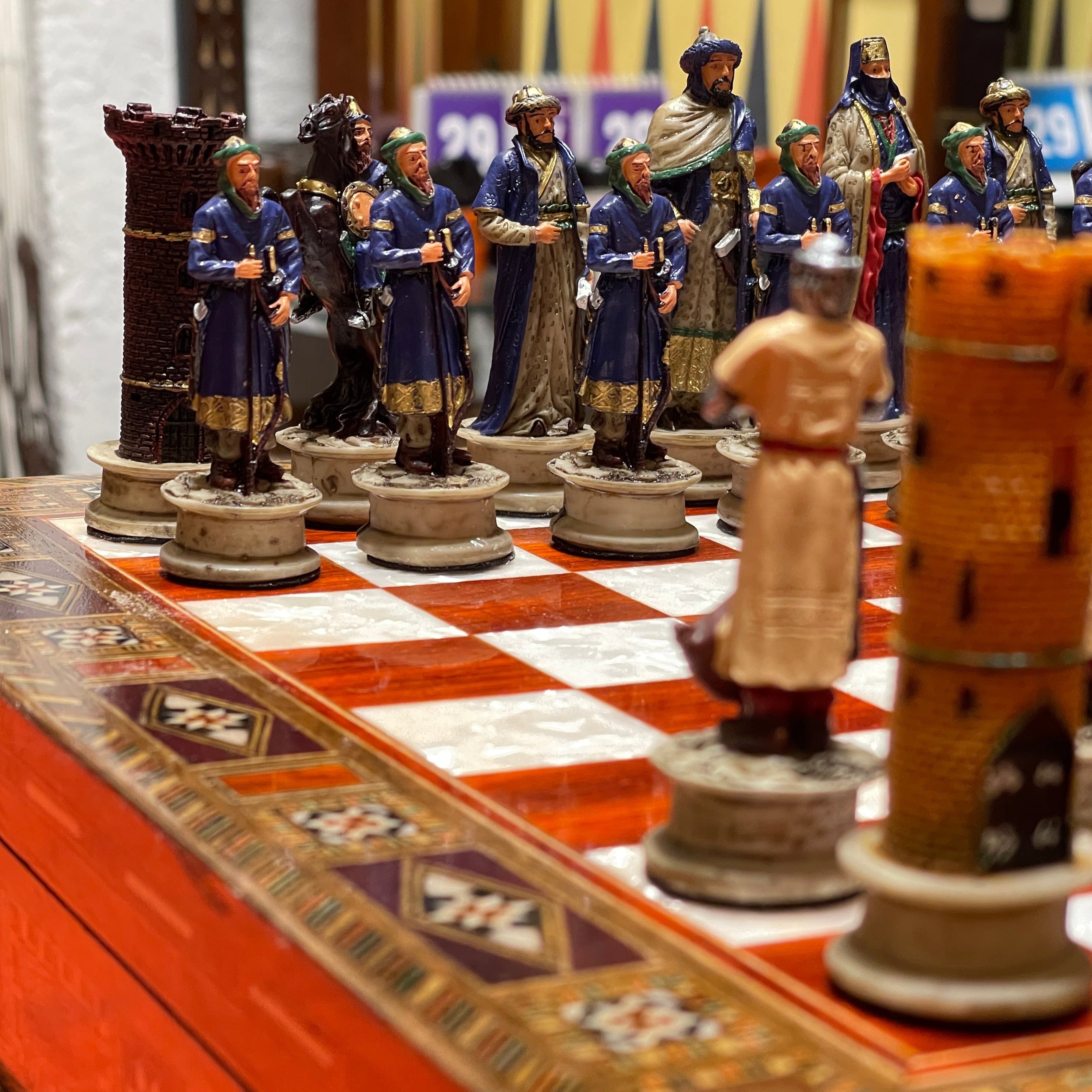 15" Custom Unique Wooden Storage Chess Set with Crusaders Chess Figures
