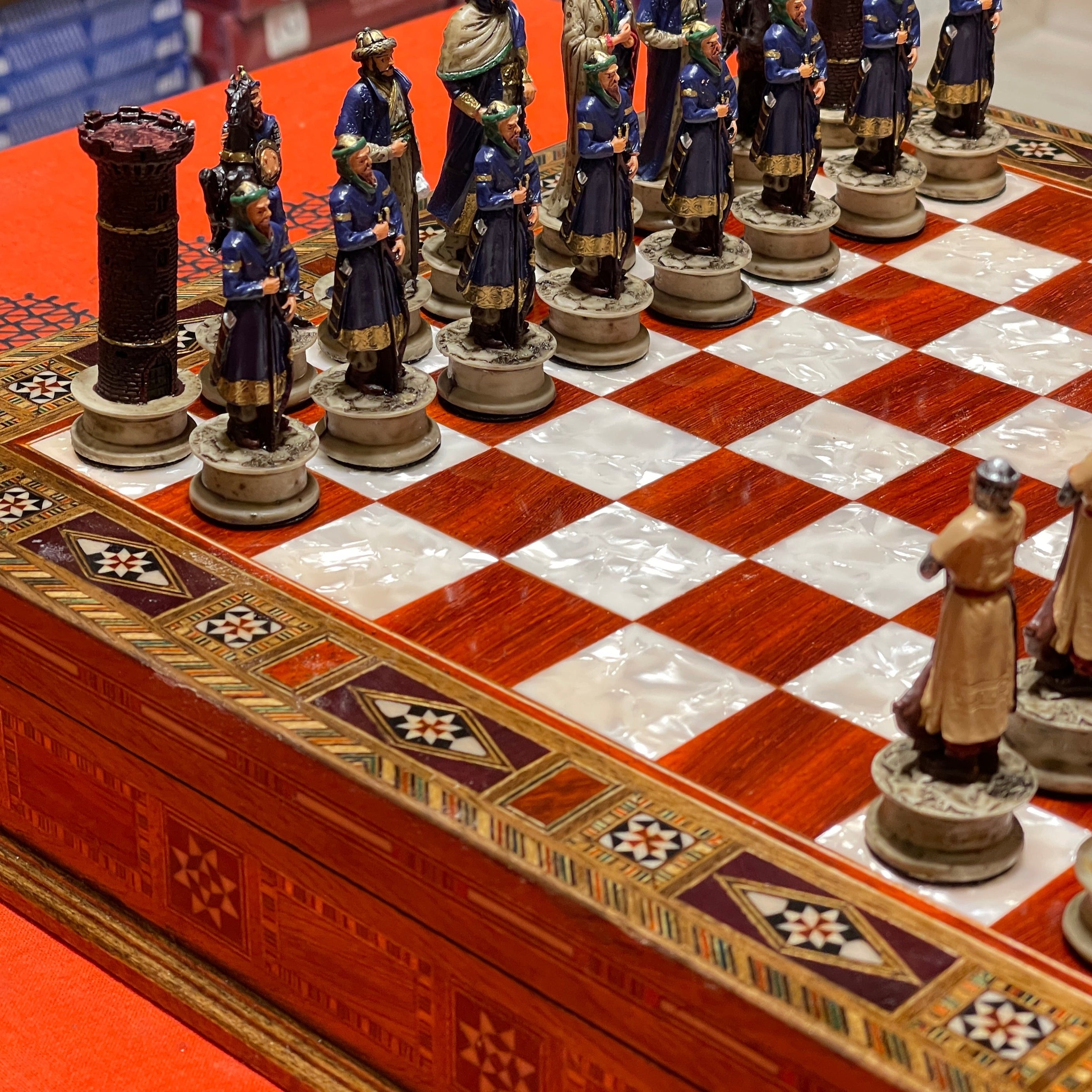 15" Custom Unique Wooden Storage Chess Set with Crusaders Chess Figures