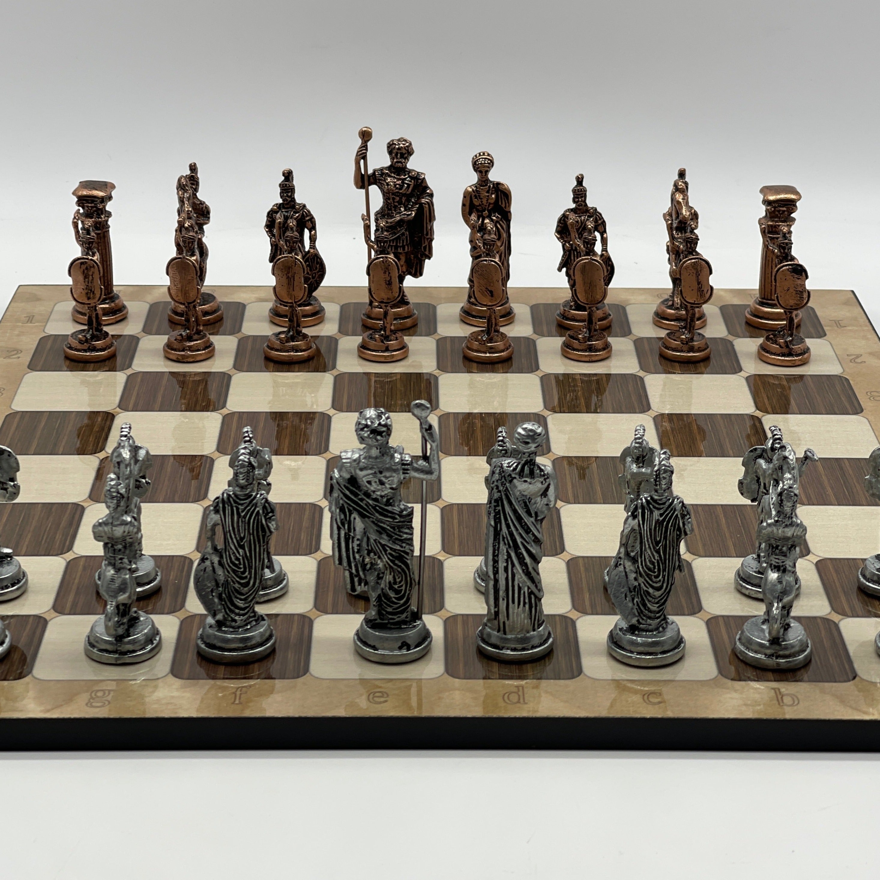 Large Brown Marble Pattern Folding Chess Board With Romans Metal Chess Pieces