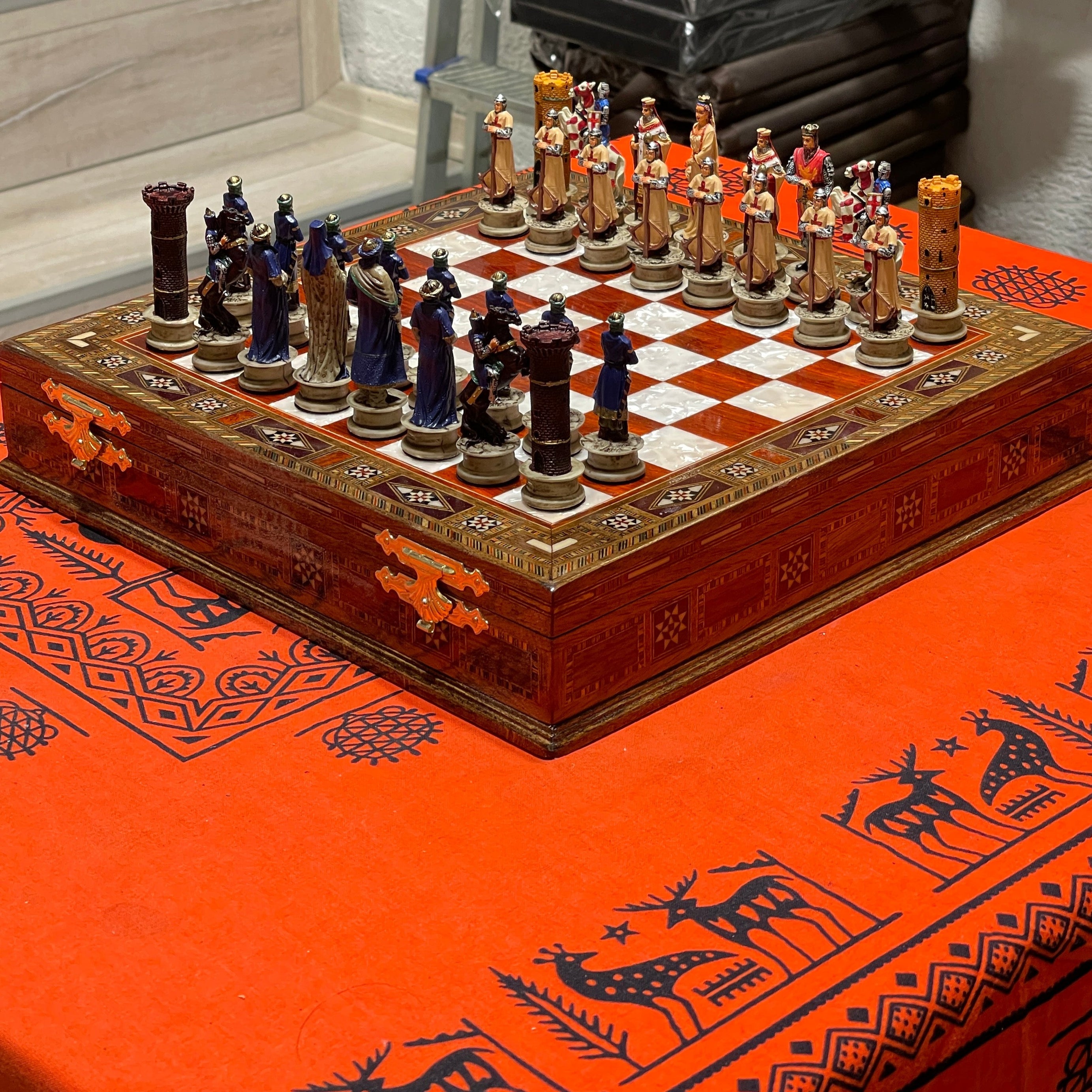 15" Custom Unique Wooden Storage Chess Set with Crusaders Chess Figures