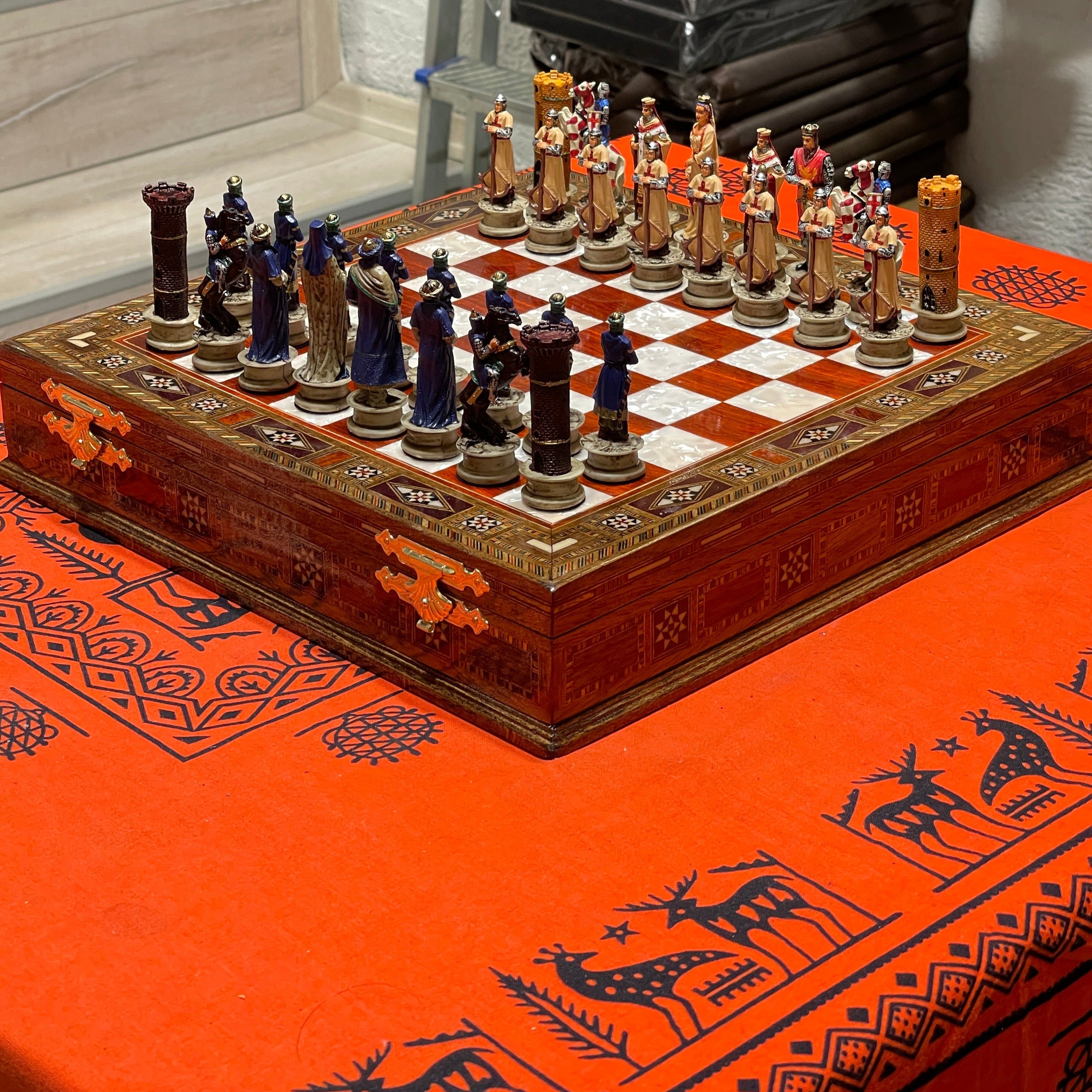 15" Custom Unique Wooden Storage Chess Set with Crusaders Chess Figures