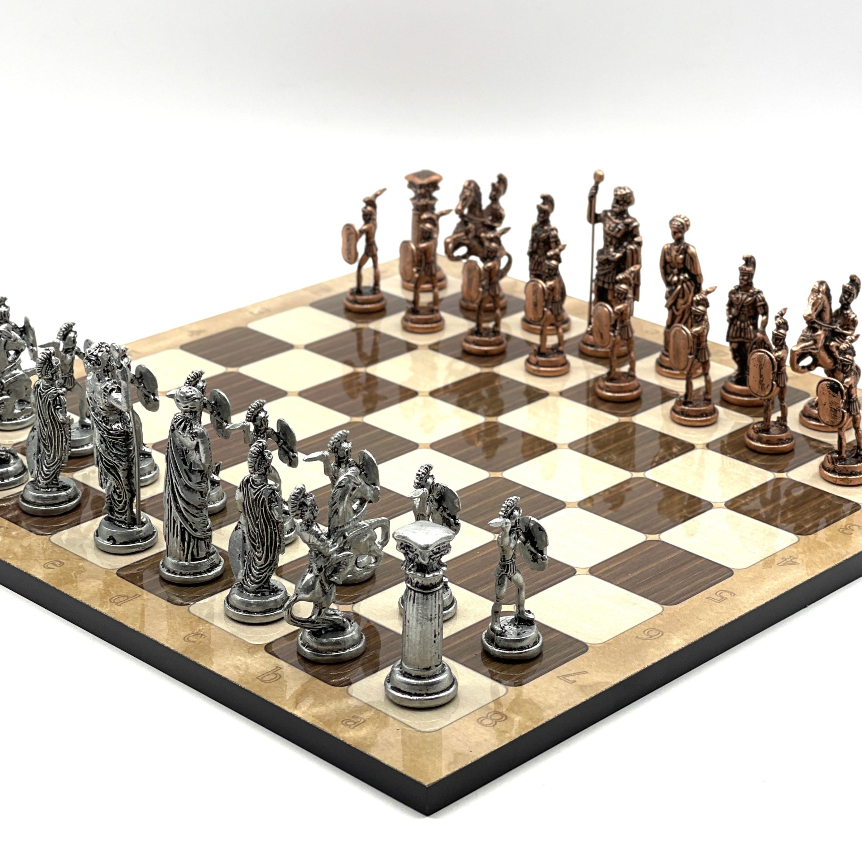 Large Brown Marble Pattern Folding Chess Board With Romans Metal Chess Pieces