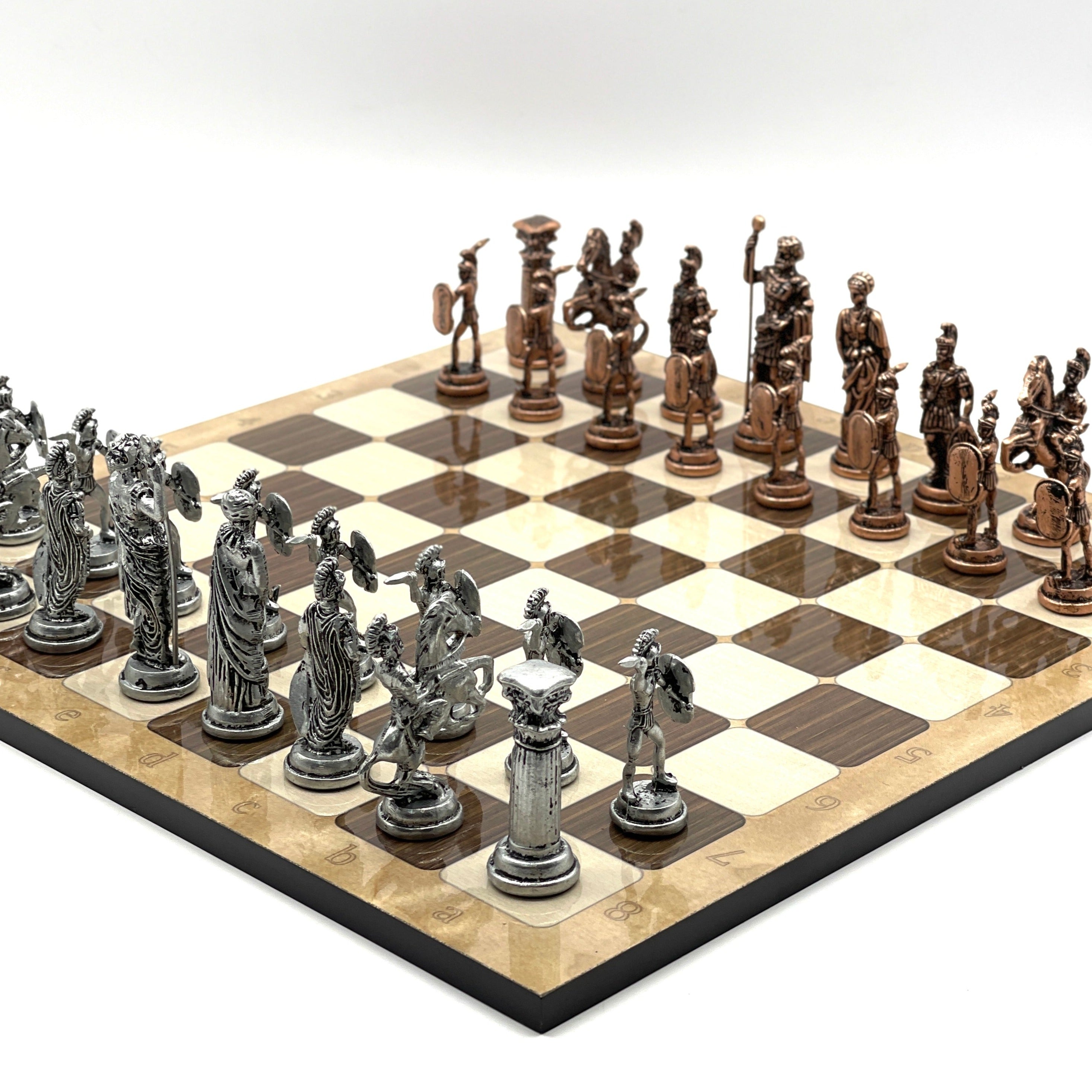 Large Brown Marble Pattern Folding Chess Board With Romans Metal Chess Pieces