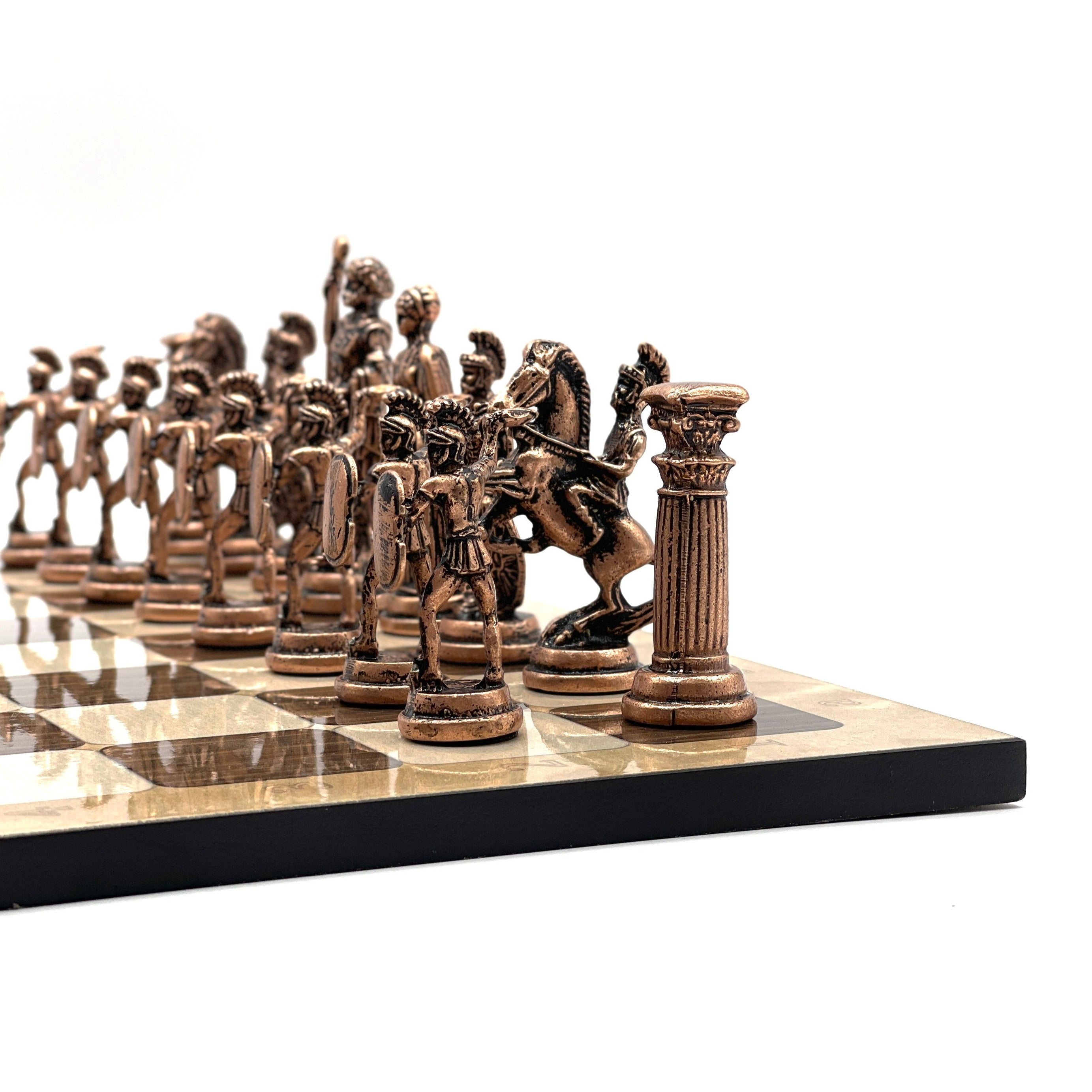 Large Brown Marble Pattern Folding Chess Board With Romans Metal Chess Pieces