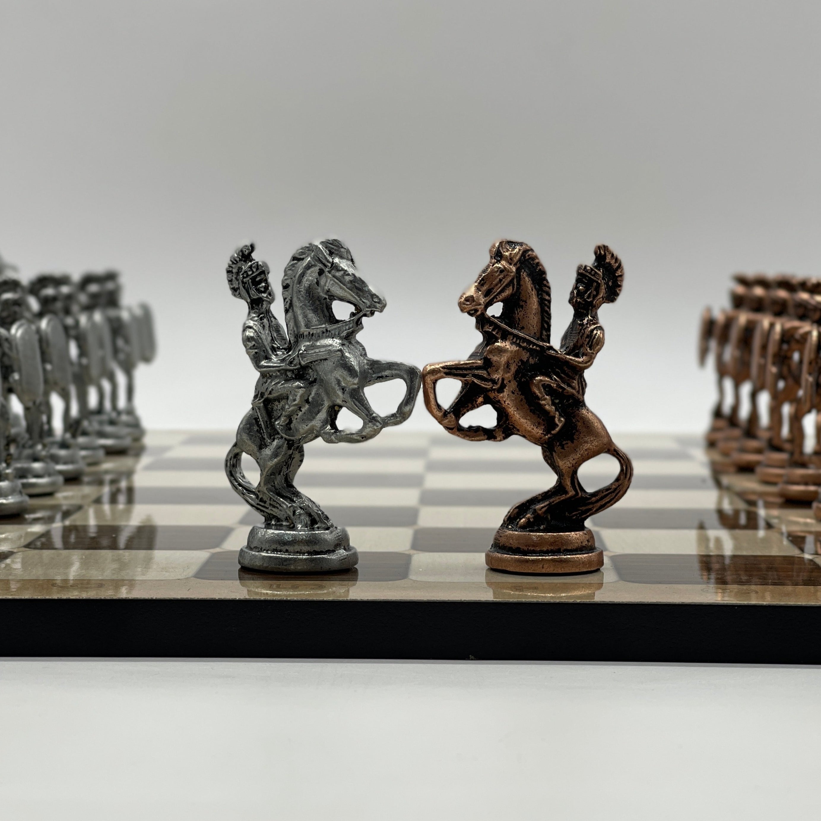 Large Brown Marble Pattern Folding Chess Board With Romans Metal Chess Pieces