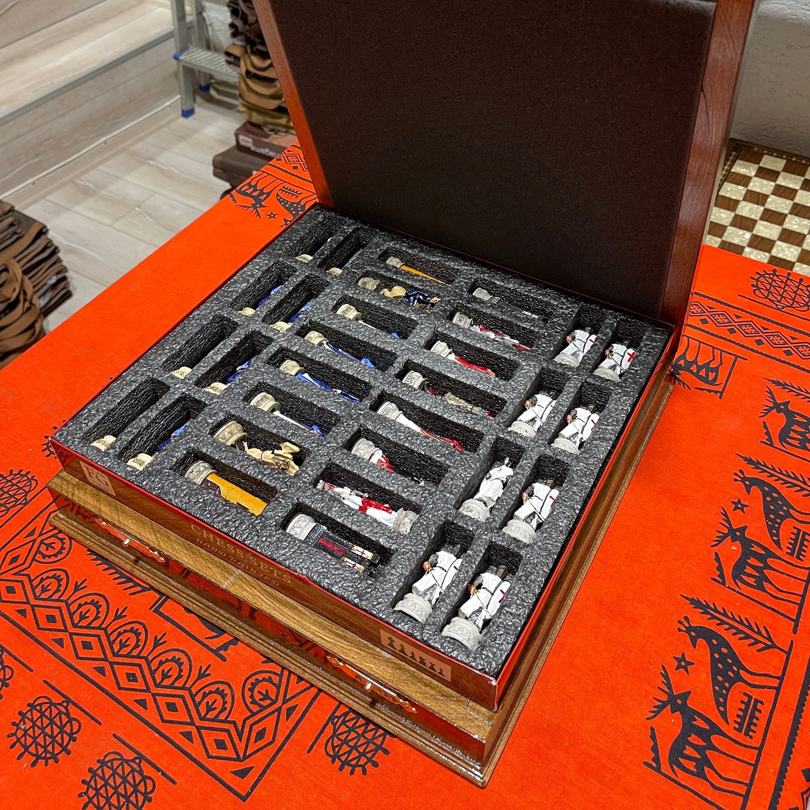 15" Custom Unique Walnut Wooden Storage Chess Set With Crusaders Chess Figures