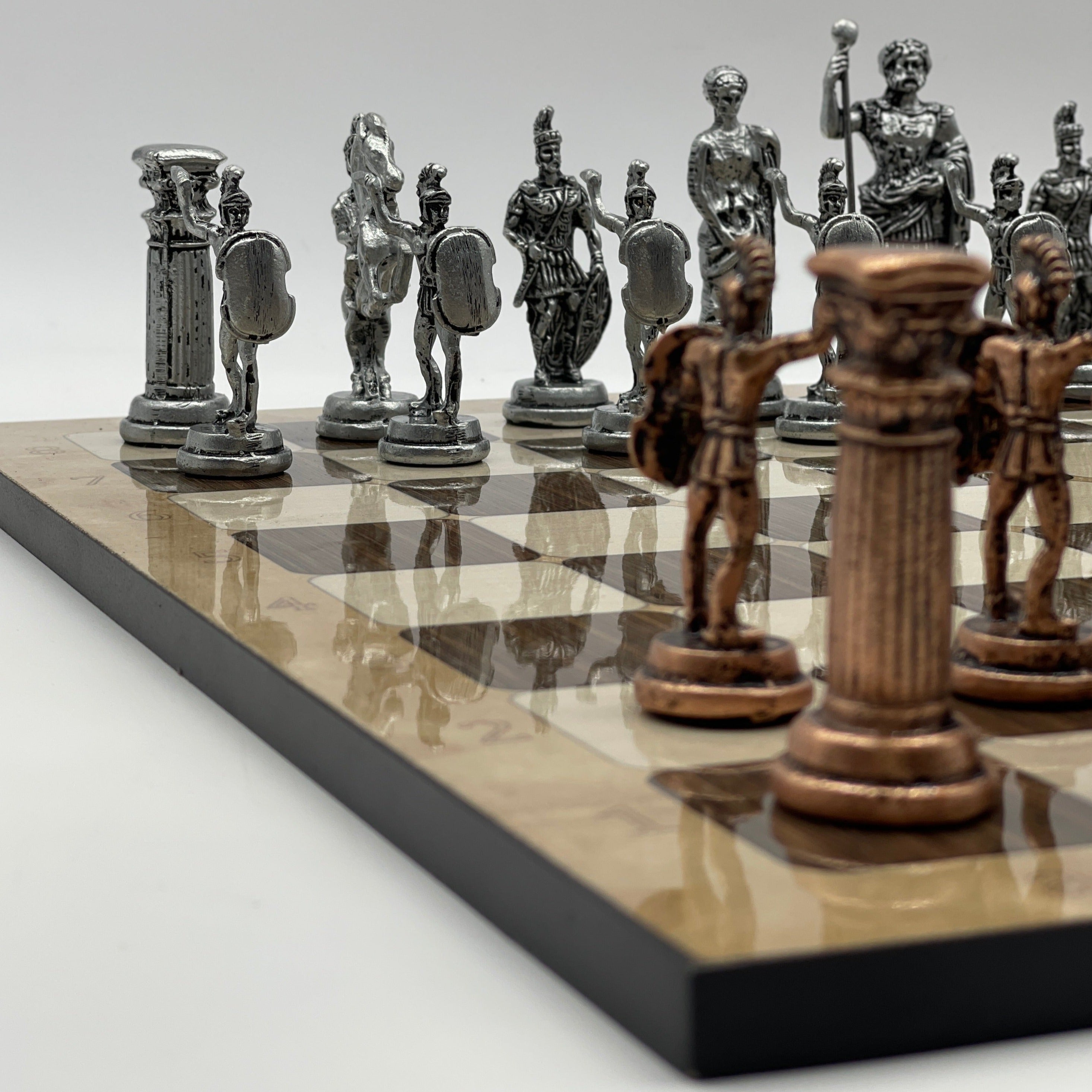 Large Brown Marble Pattern Folding Chess Board With Romans Metal Chess Pieces