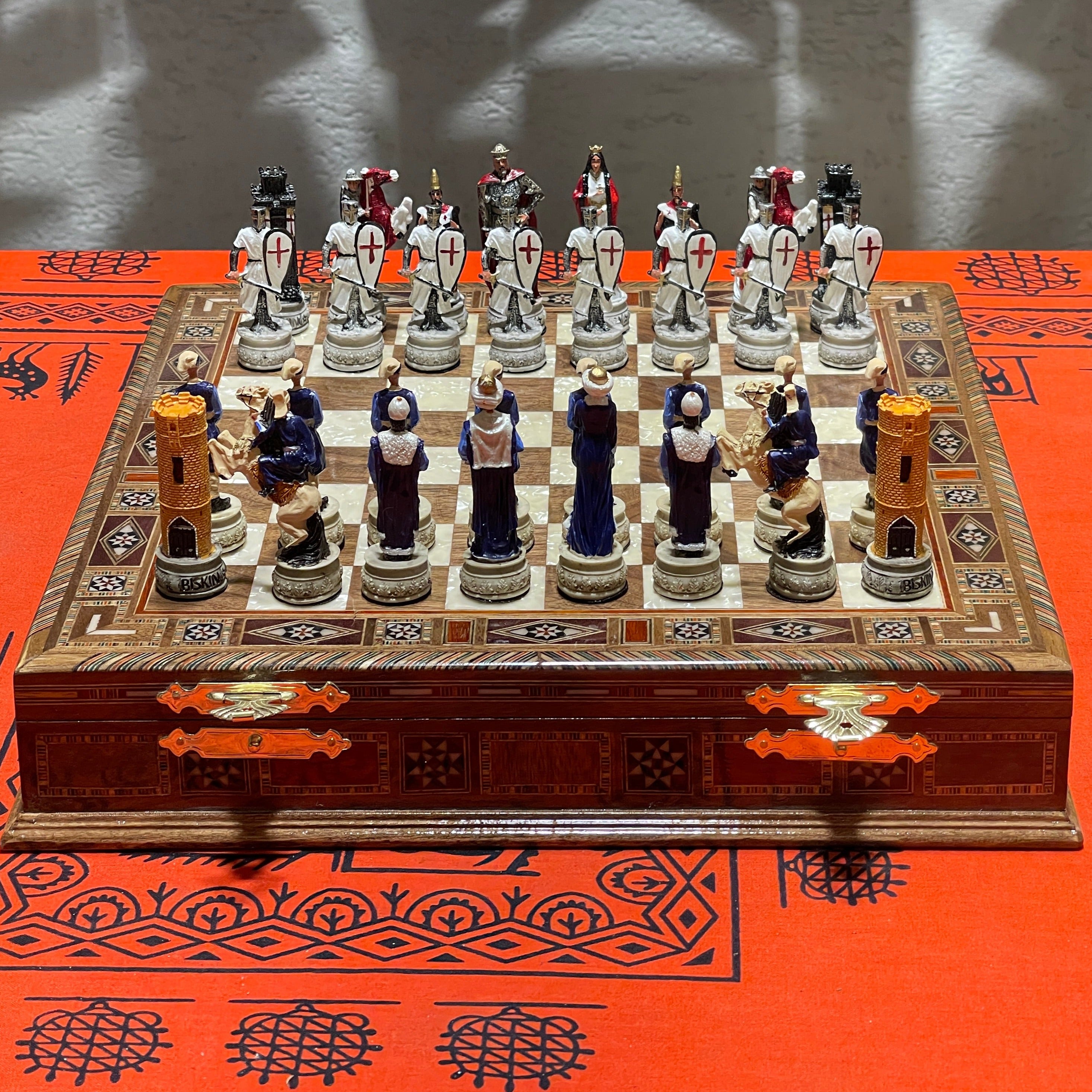 15" Custom Unique Walnut Wooden Storage Chess Set With Crusaders Chess Figures