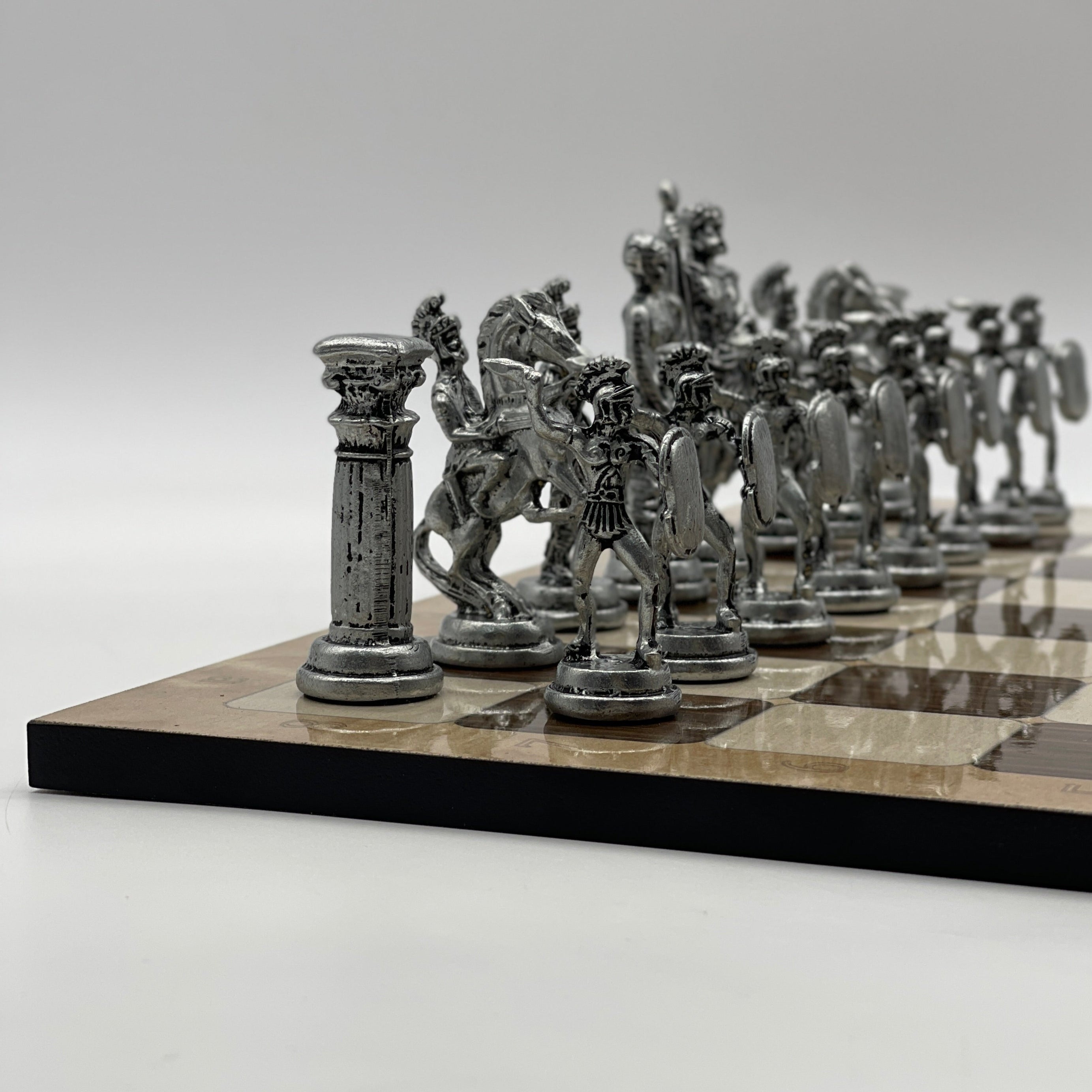 Large Brown Marble Pattern Folding Chess Board With Romans Metal Chess Pieces