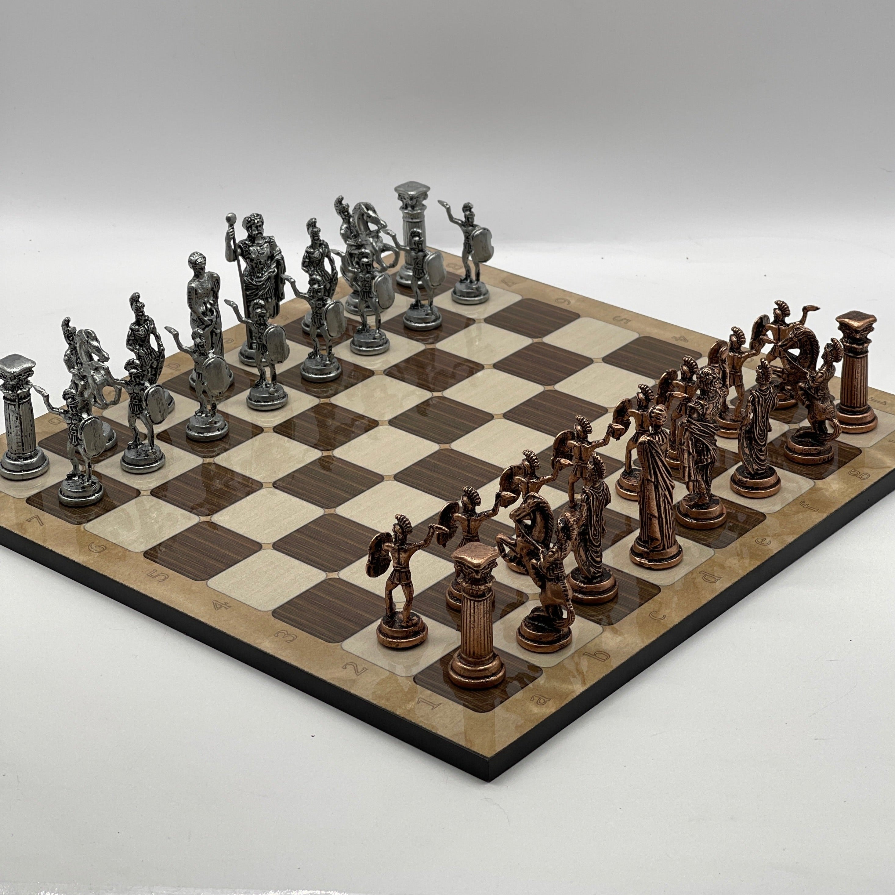 Large Brown Marble Pattern Folding Chess Board With Romans Metal Chess Pieces