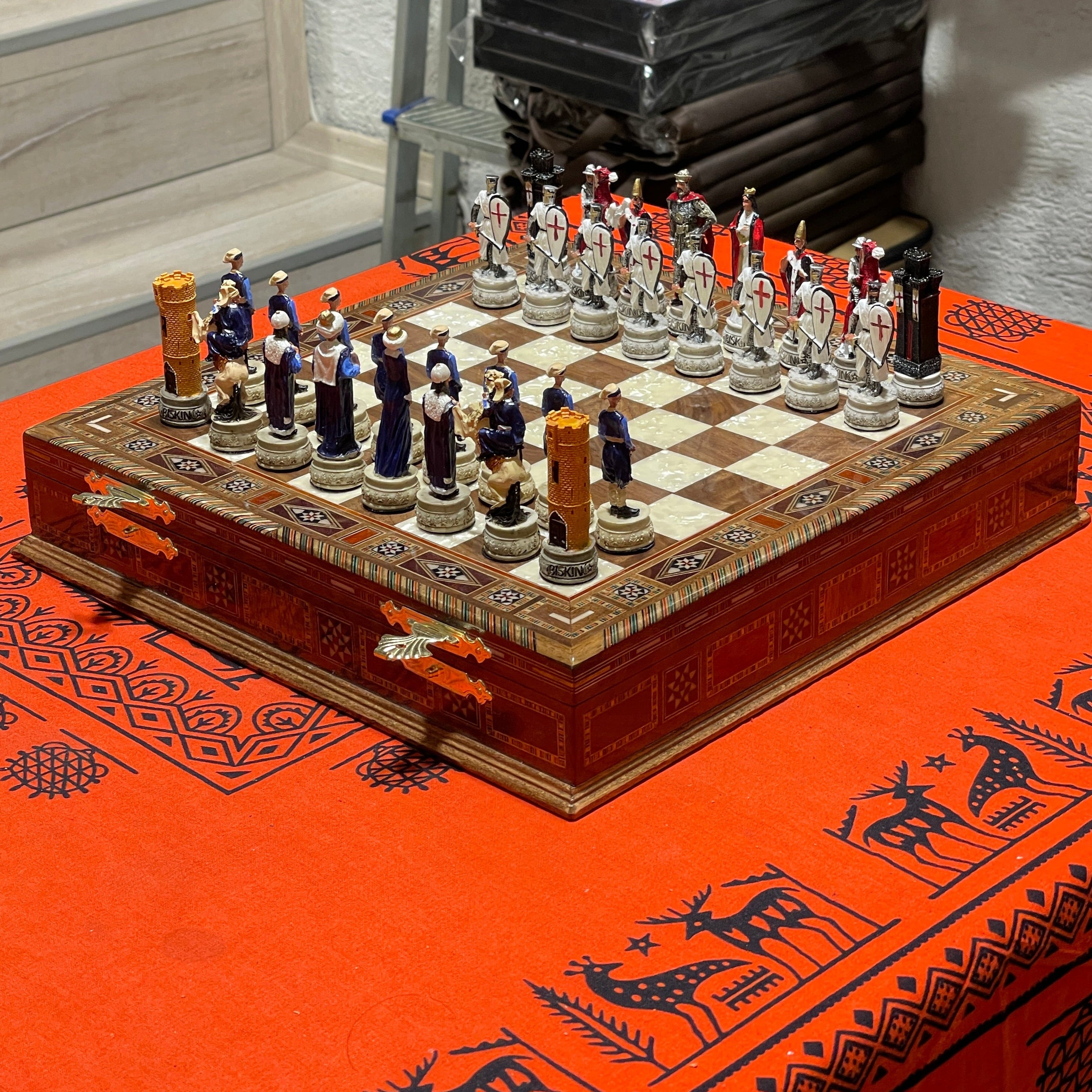 15" Custom Unique Walnut Wooden Storage Chess Set With Crusaders Chess Figures