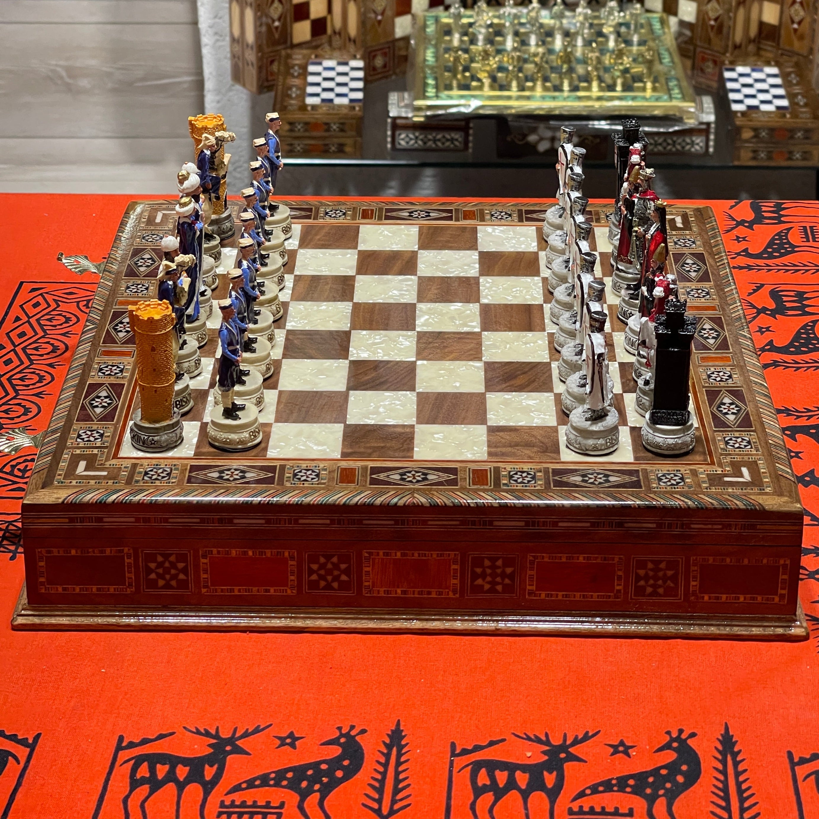 15" Custom Unique Walnut Wooden Storage Chess Set With Crusaders Chess Figures