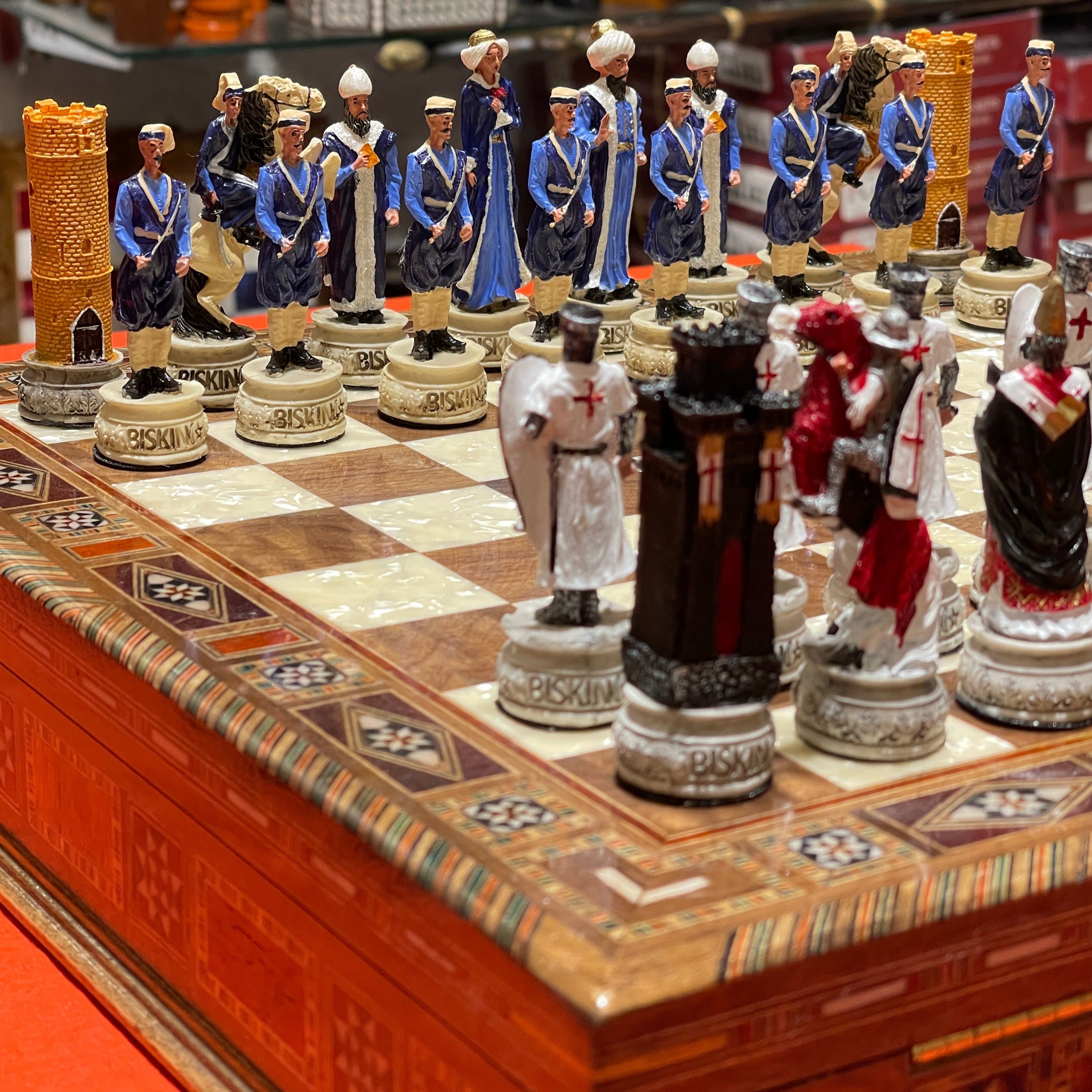15" Custom Unique Walnut Wooden Storage Chess Set With Crusaders Chess Figures