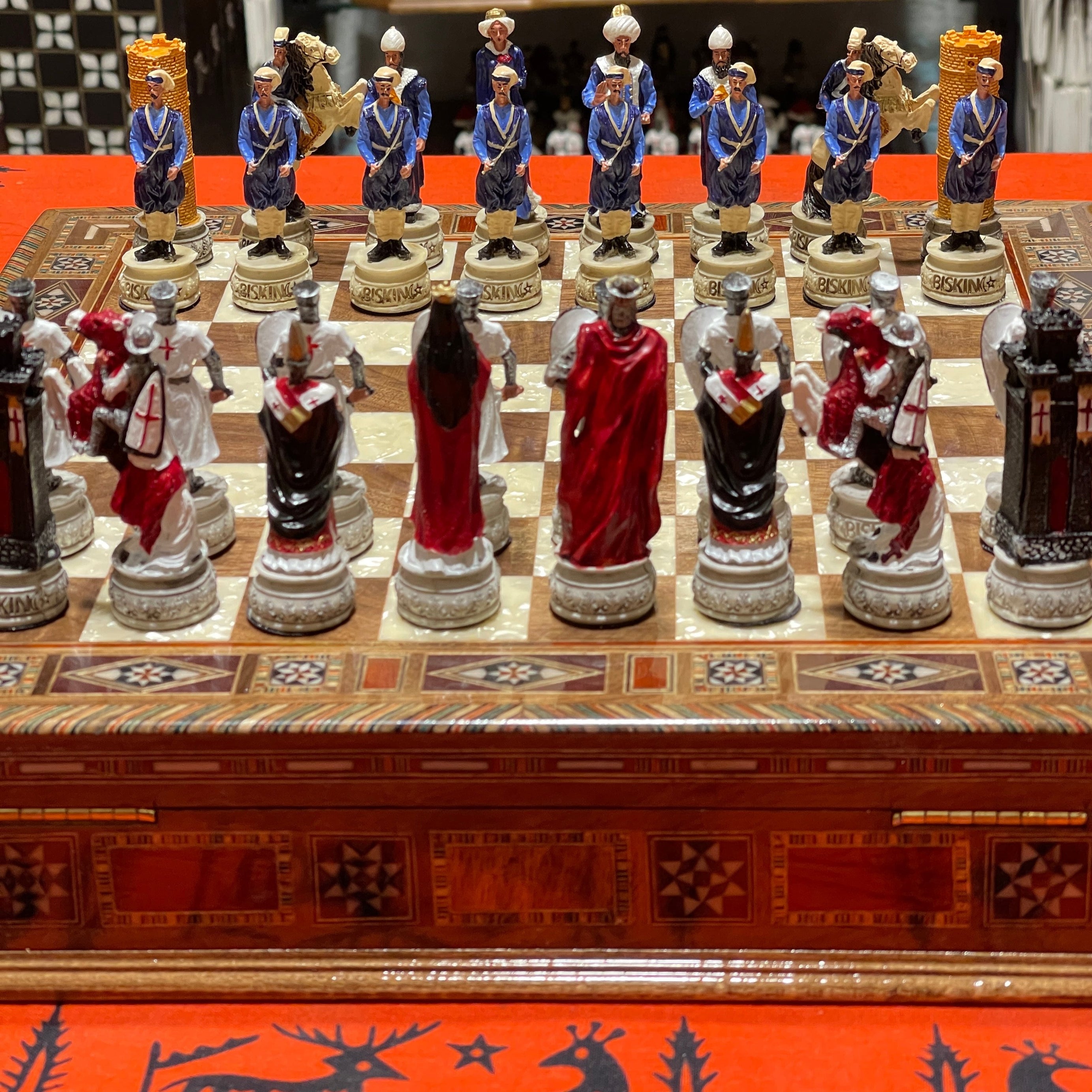 15" Custom Unique Walnut Wooden Storage Chess Set With Crusaders Chess Figures