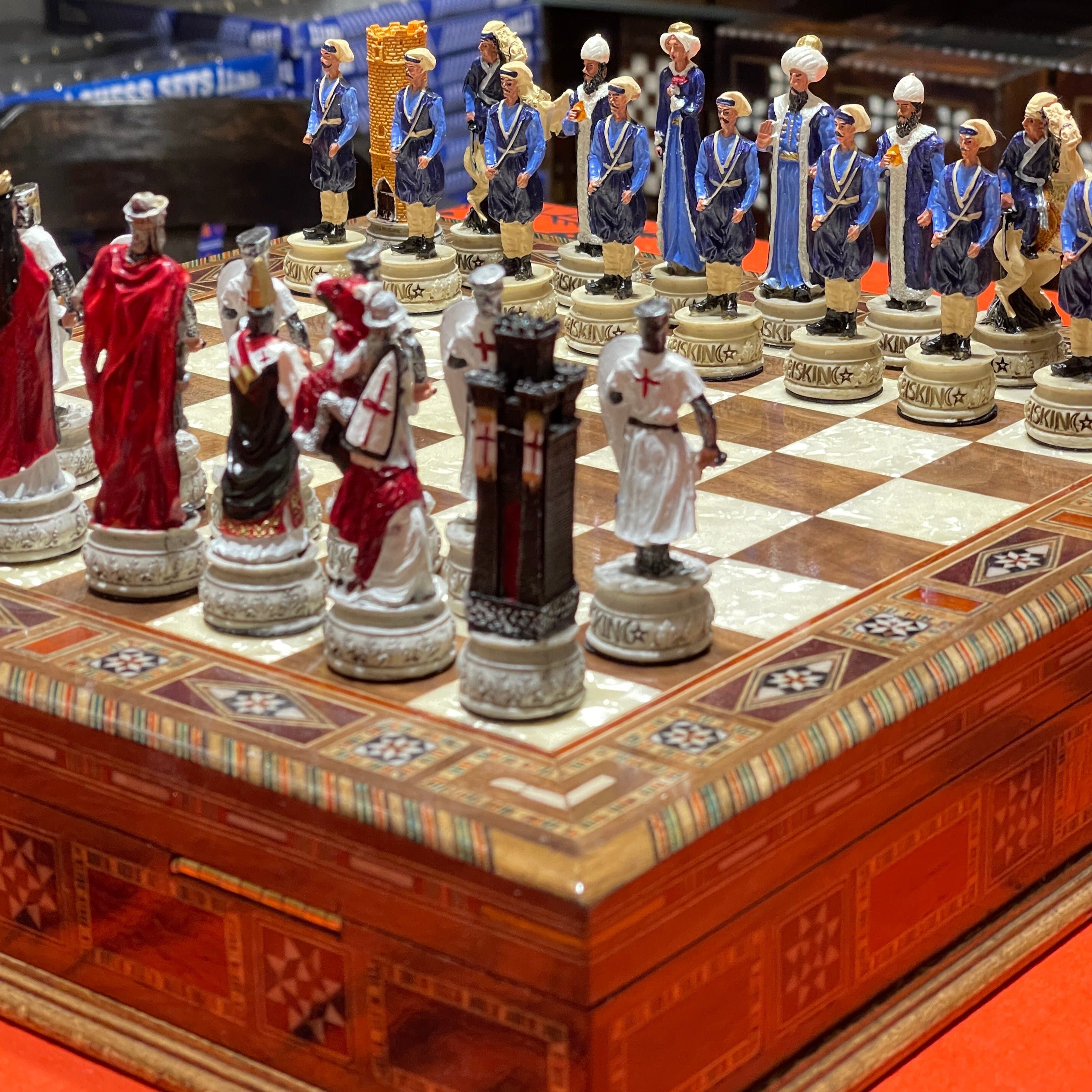 15" Custom Unique Walnut Wooden Storage Chess Set With Crusaders Chess Figures
