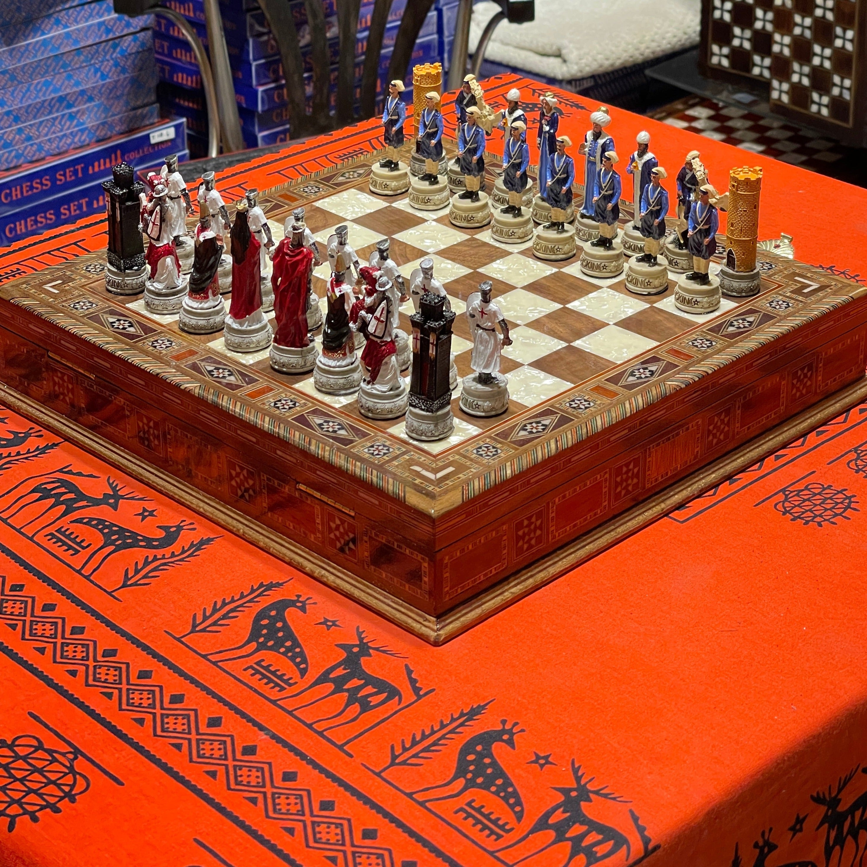 15" Custom Unique Walnut Wooden Storage Chess Set With Crusaders Chess Figures