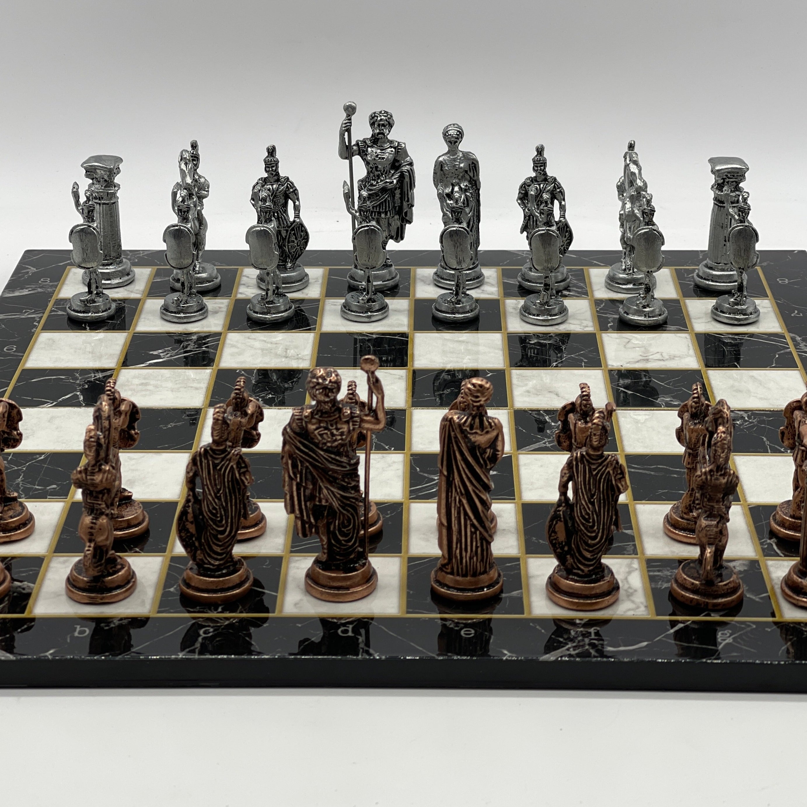 Black Marble Pattern Folding Chess Board With Romans Metal Chess Pieces