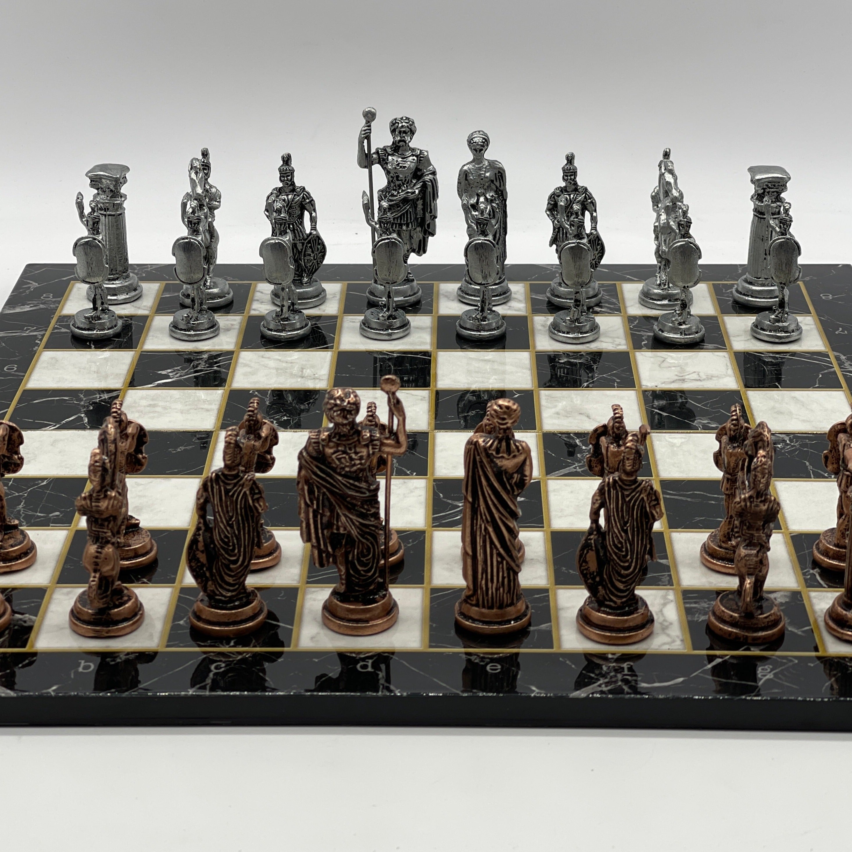 Black Marble Pattern Folding Chess Board With Romans Metal Chess Pieces