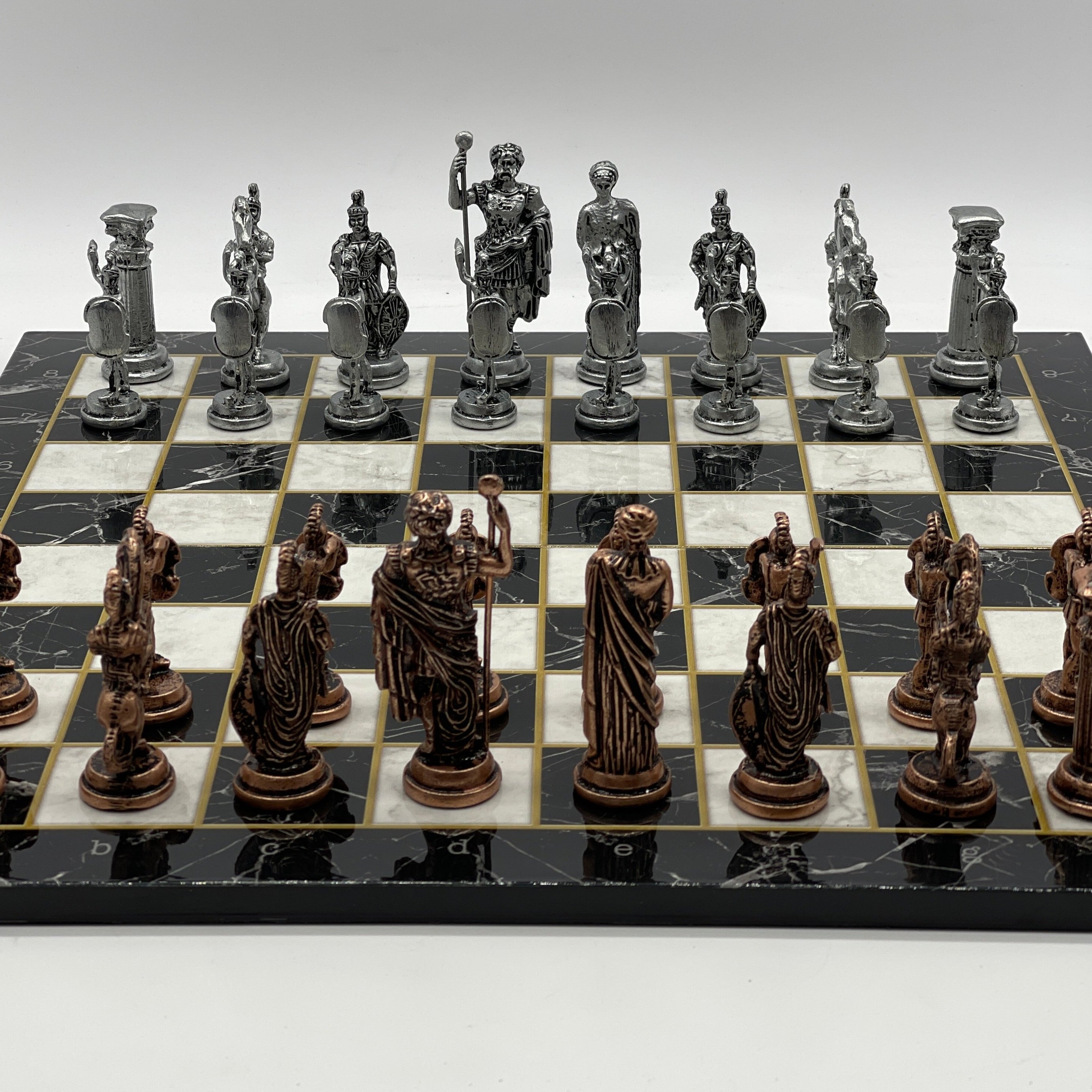 Black Marble Pattern Folding Chess Board With Crusaders Metal Chess Pieces