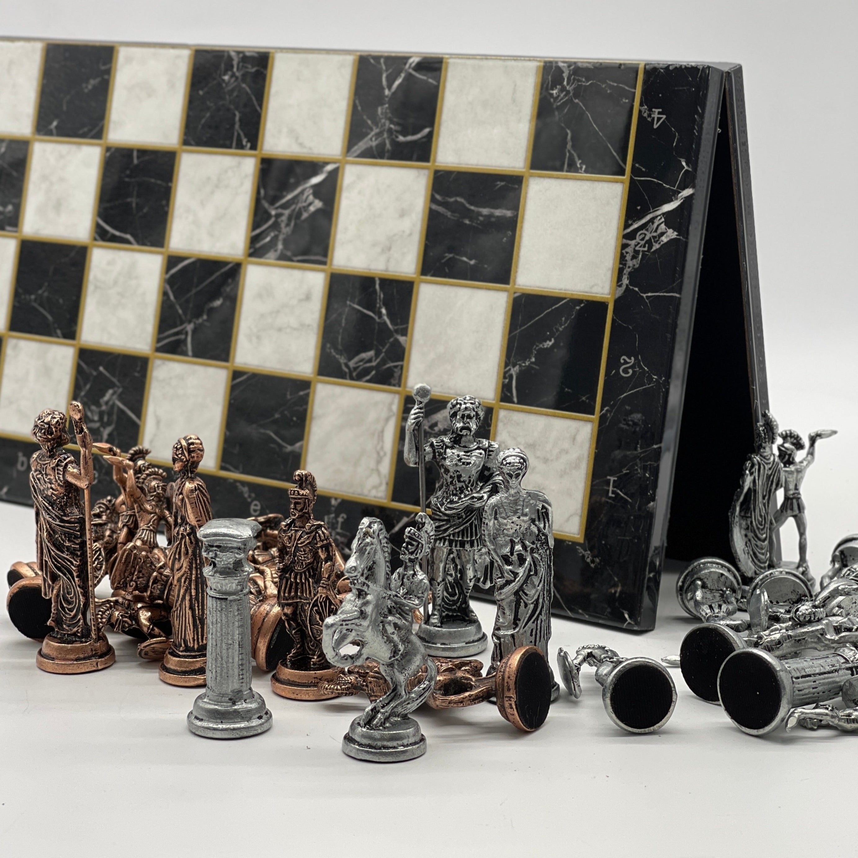 Black Marble Pattern Folding Chess Board With Crusaders Metal Chess Pieces