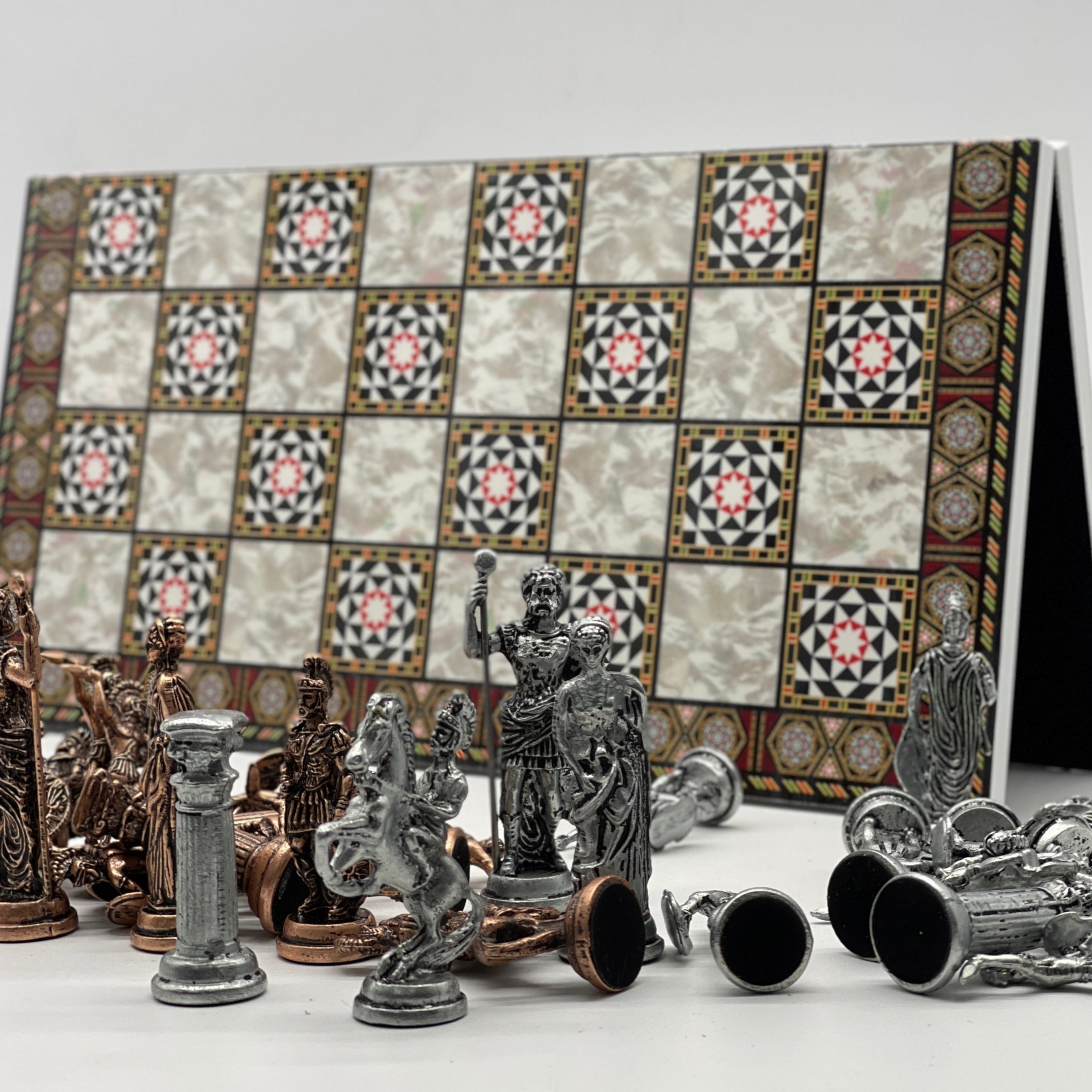 Large Mosaic Marble Pattern Folding Chess Board With Romans Metal Chess Pieces