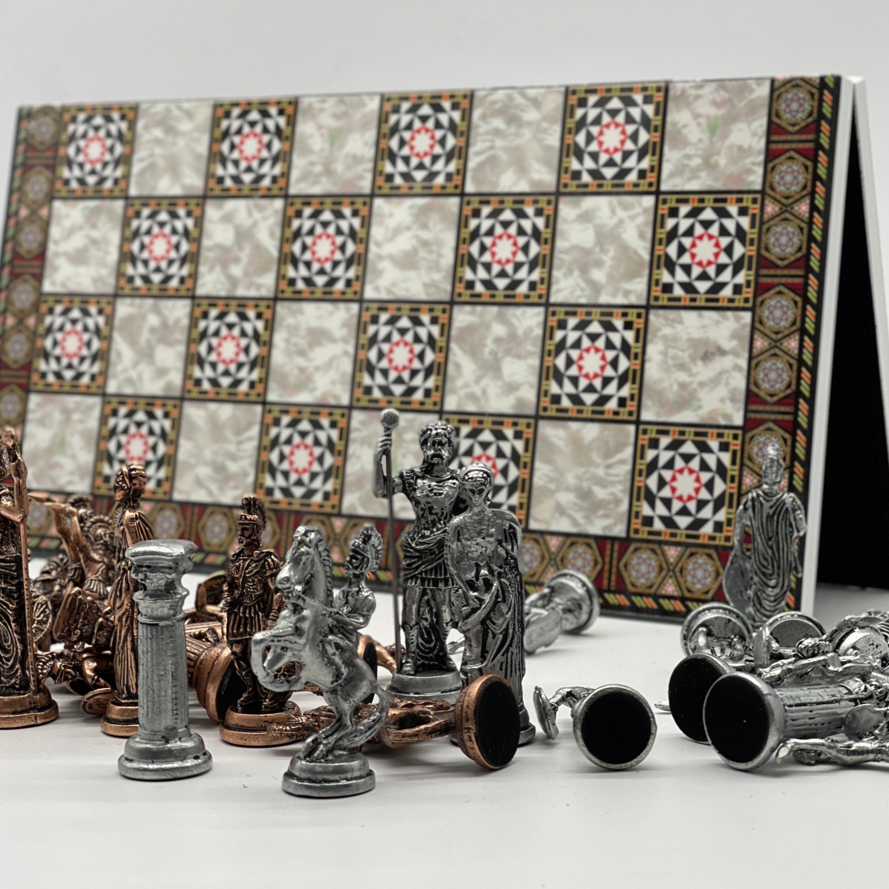 Large Mosaic Marble Pattern Folding Chess Board With Crusaders Metal Chess Pieces