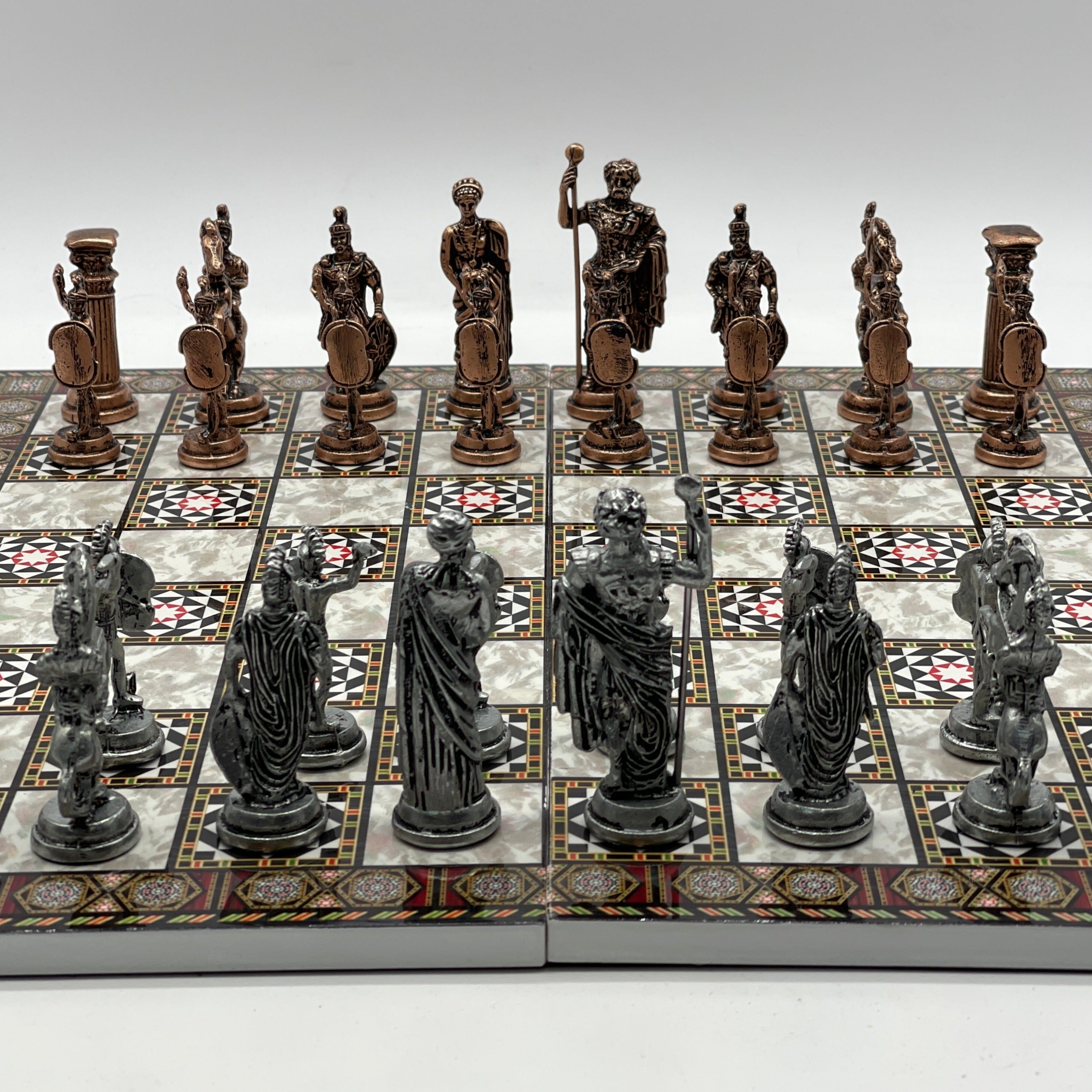 Large Mosaic Marble Pattern Folding Chess Board With Crusaders Metal Chess Pieces