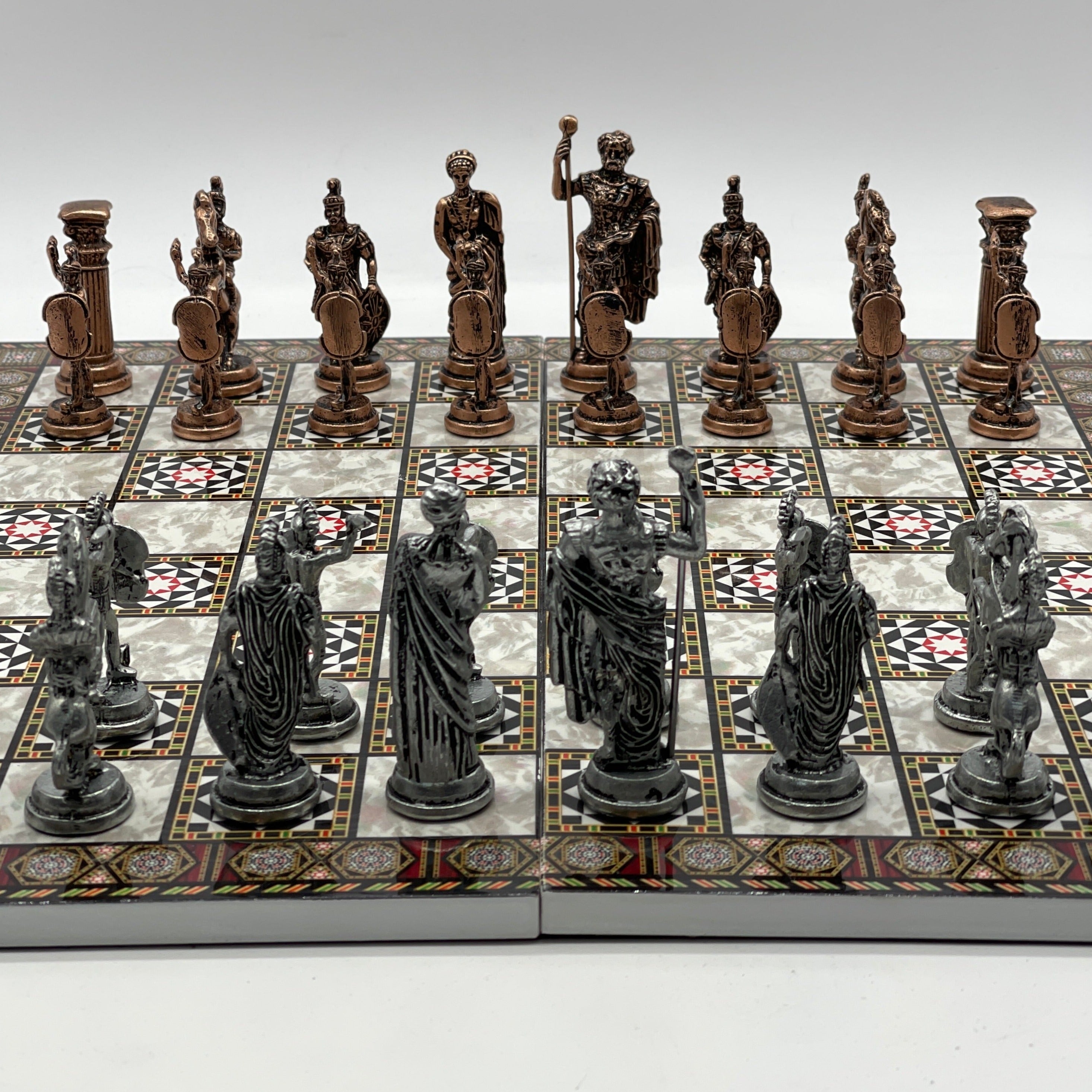 Large Mosaic Marble Pattern Folding Chess Board With Romans Metal Chess Pieces