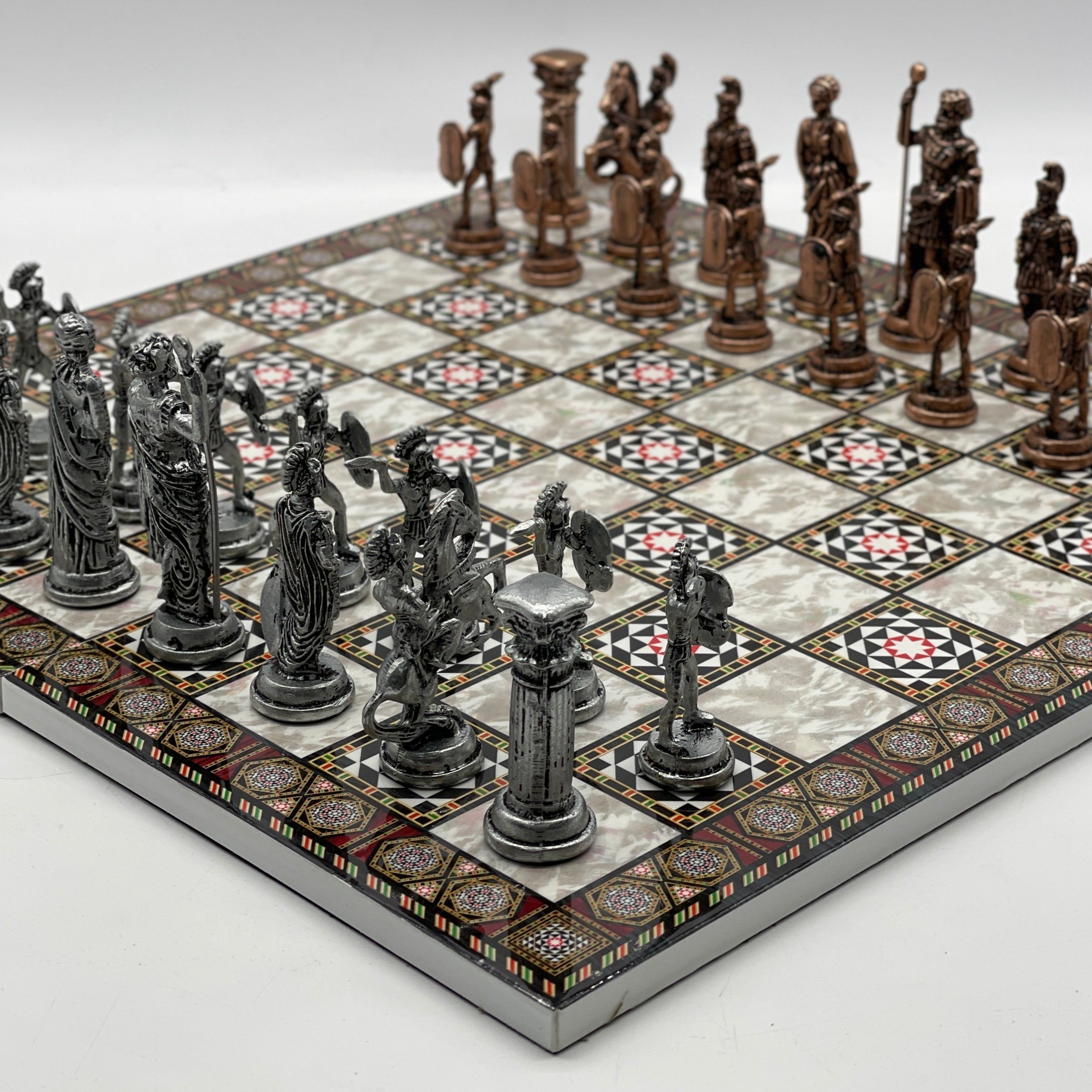 Large Mosaic Marble Pattern Folding Chess Board With Romans Metal Chess Pieces