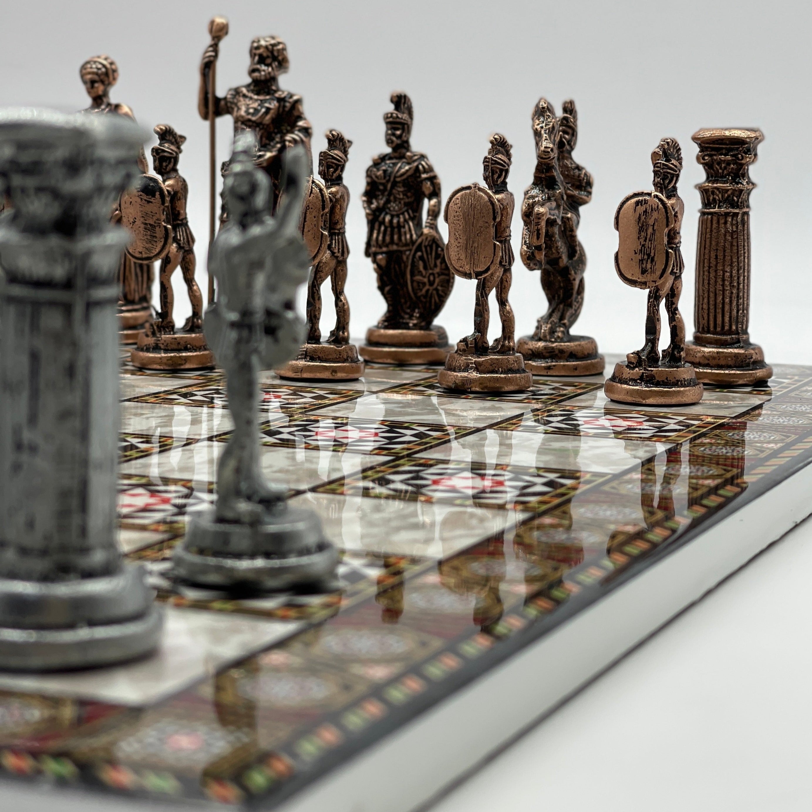 Large Mosaic Marble Pattern Folding Chess Board With Romans Metal Chess Pieces