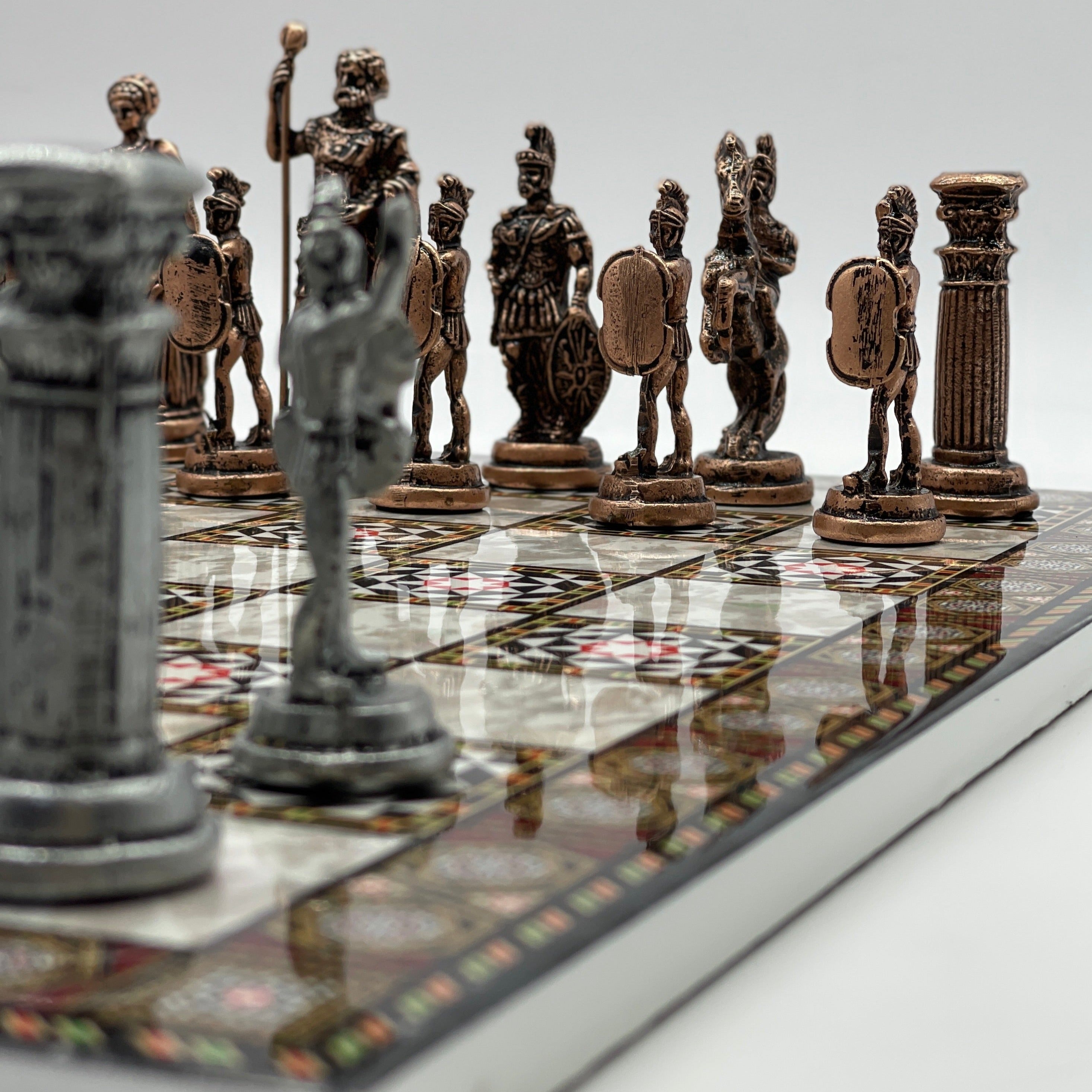 Large Mosaic Marble Pattern Folding Chess Board With Romans Metal Chess Pieces