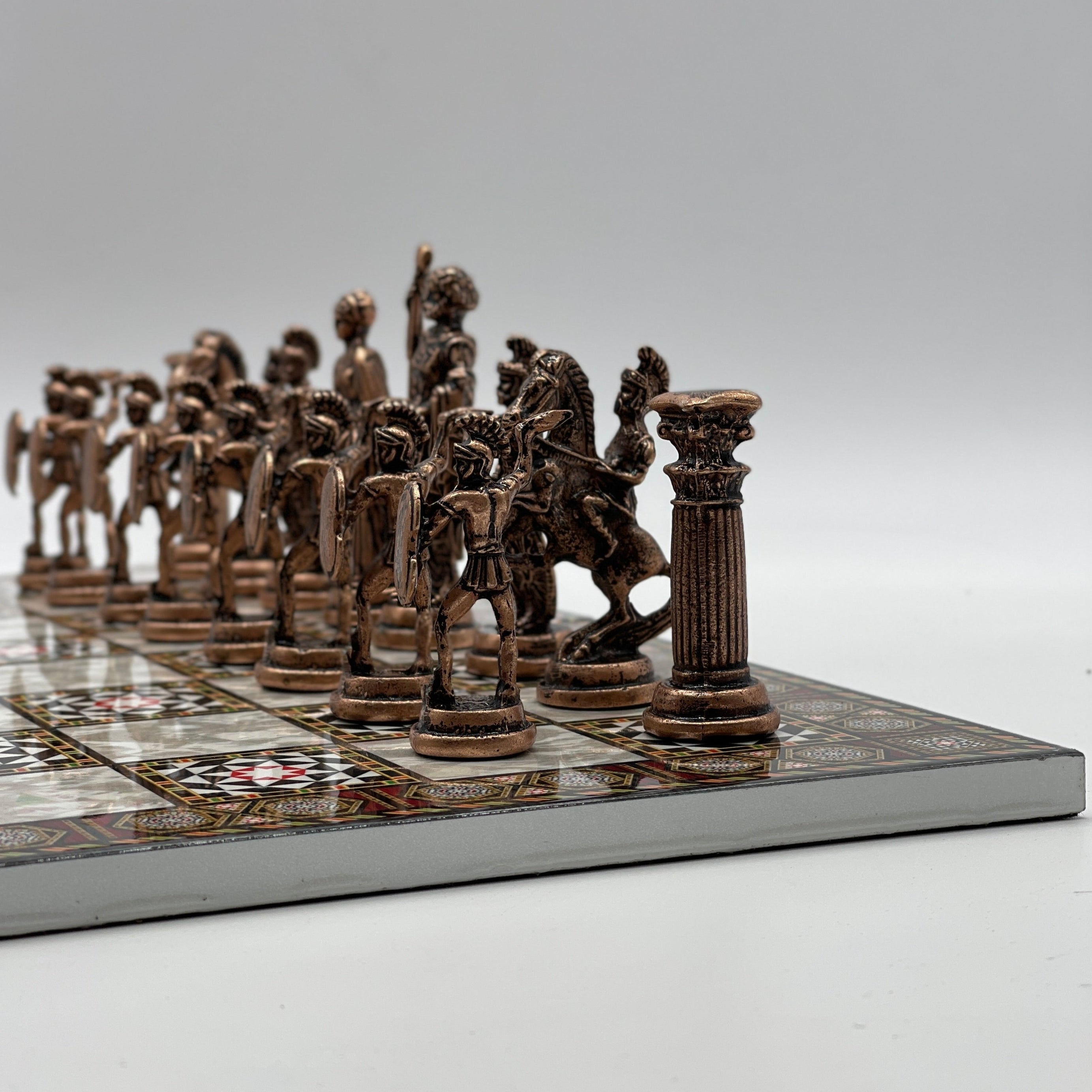 Large Mosaic Marble Pattern Folding Chess Board With Romans Metal Chess Pieces