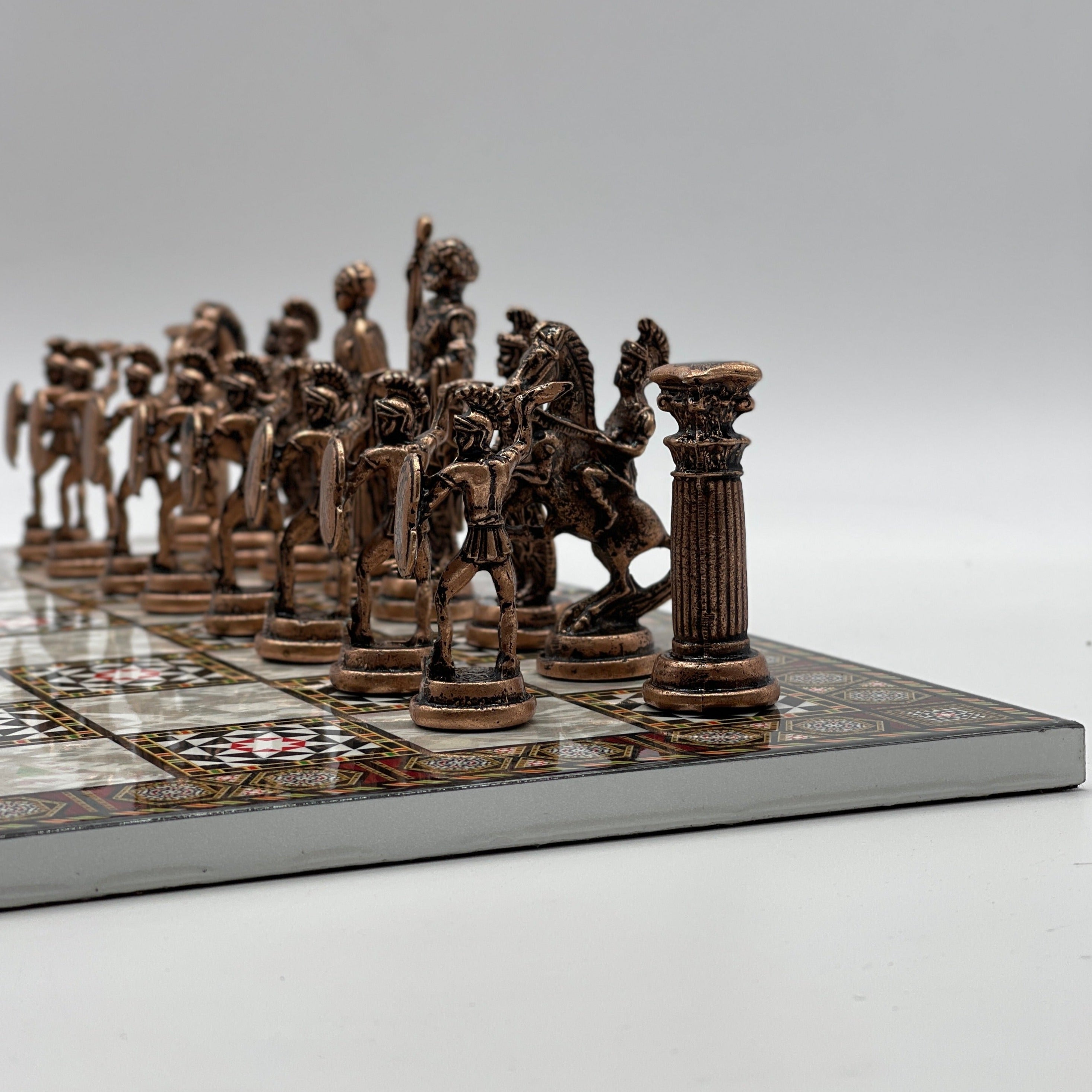 Large Mosaic Marble Pattern Folding Chess Board With Crusaders Metal Chess Pieces