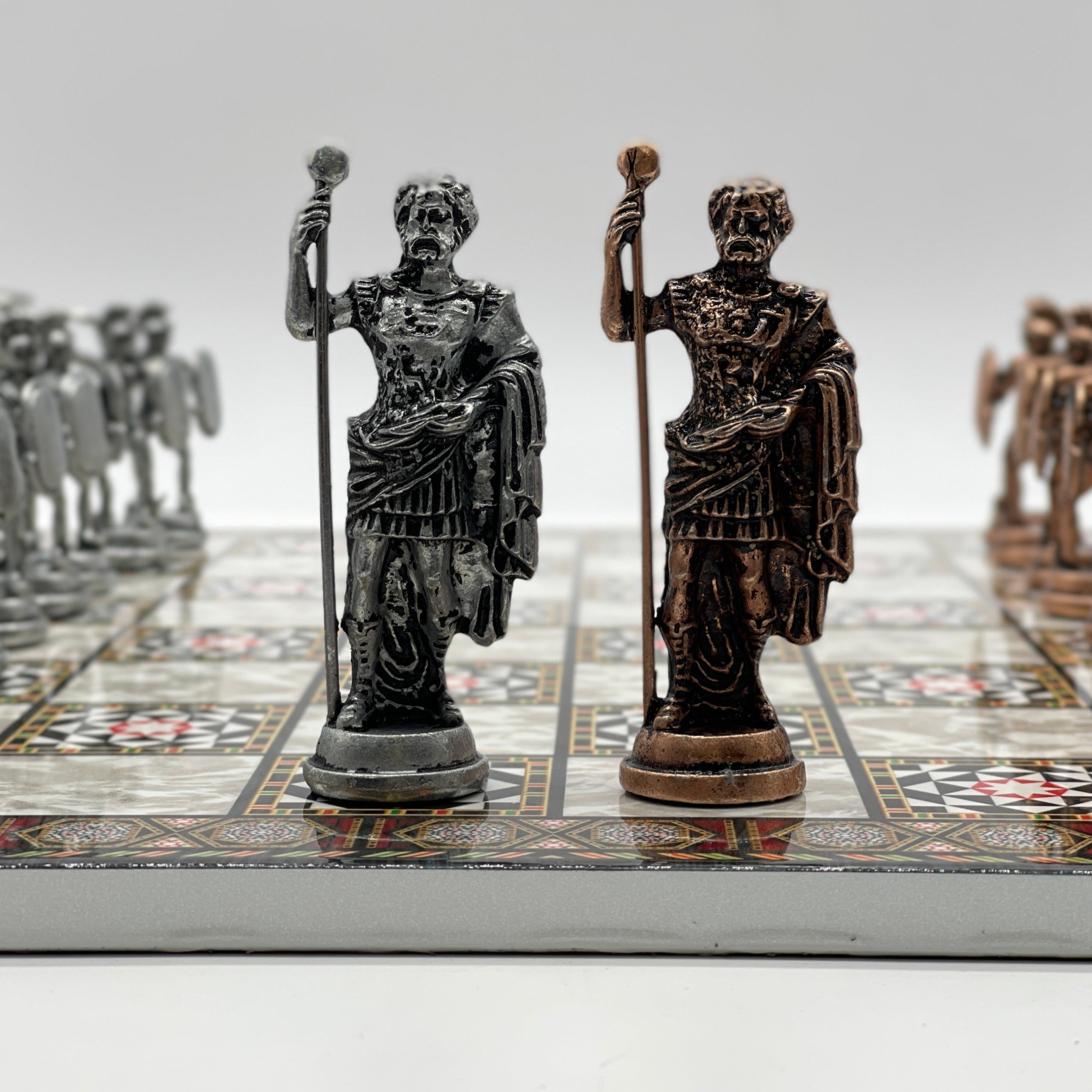 Large Mosaic Marble Pattern Folding Chess Board With Romans Metal Chess Pieces