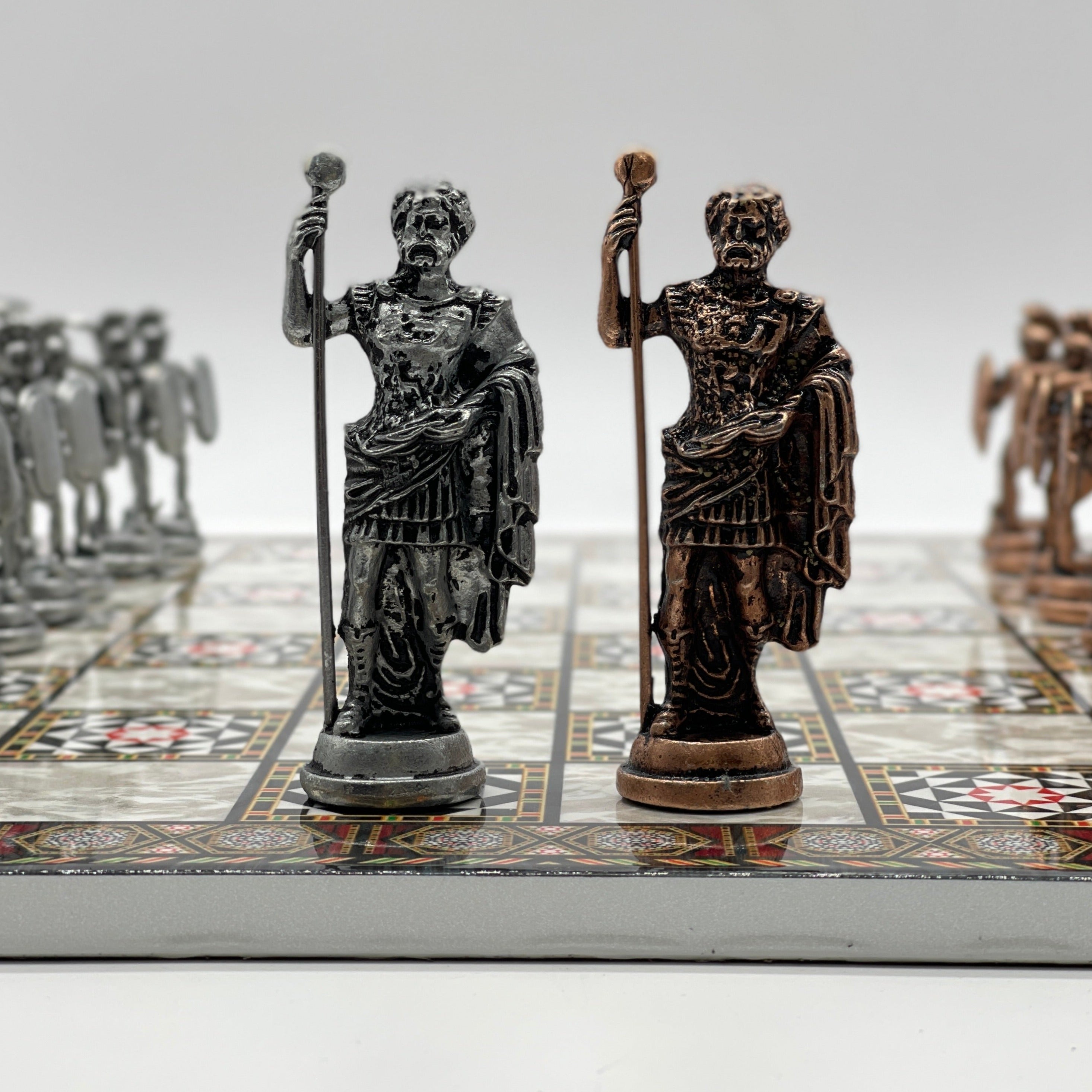 Large Mosaic Marble Pattern Folding Chess Board With Crusaders Metal Chess Pieces