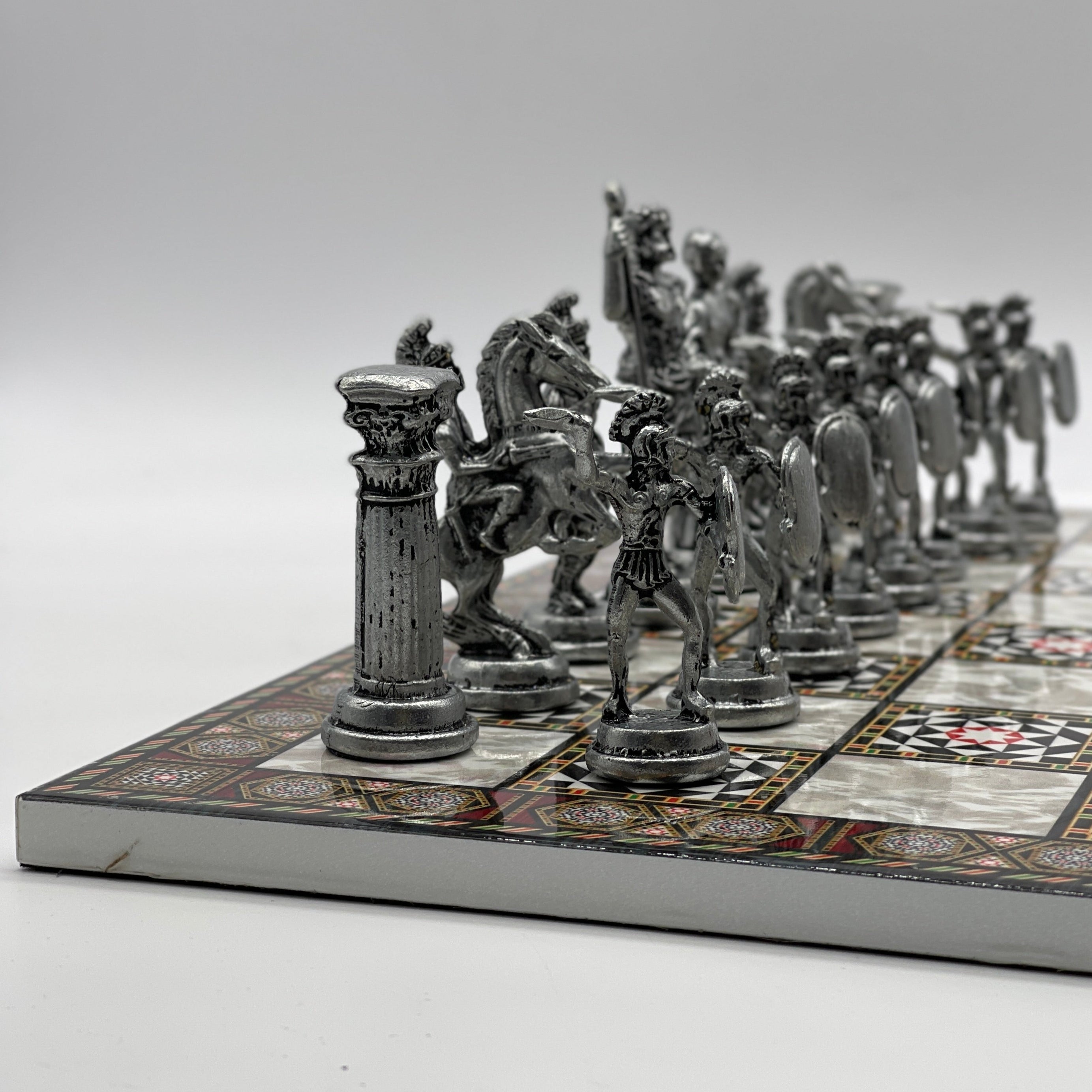 Large Mosaic Marble Pattern Folding Chess Board With Romans Metal Chess Pieces