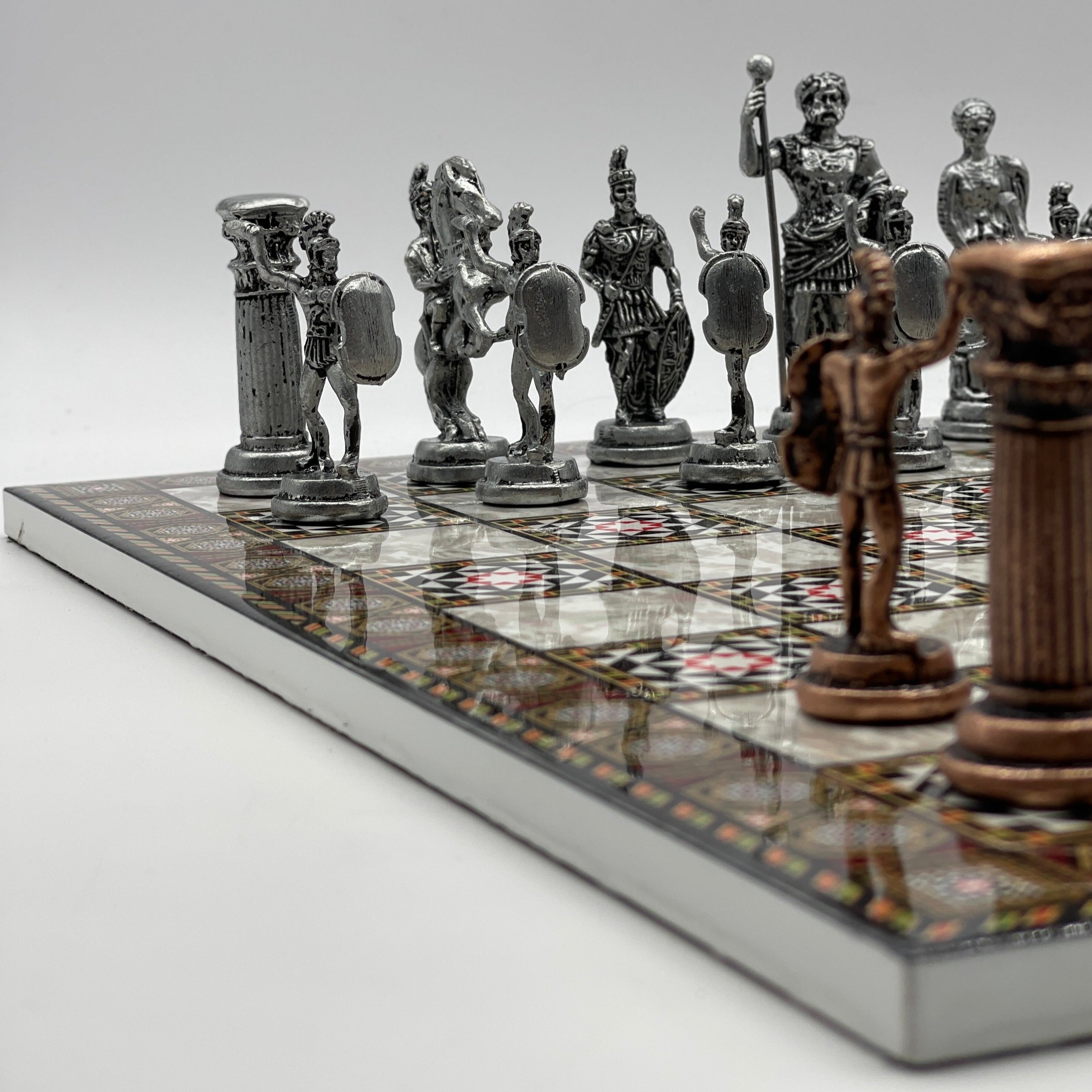 Large Mosaic Marble Pattern Folding Chess Board With Romans Metal Chess Pieces