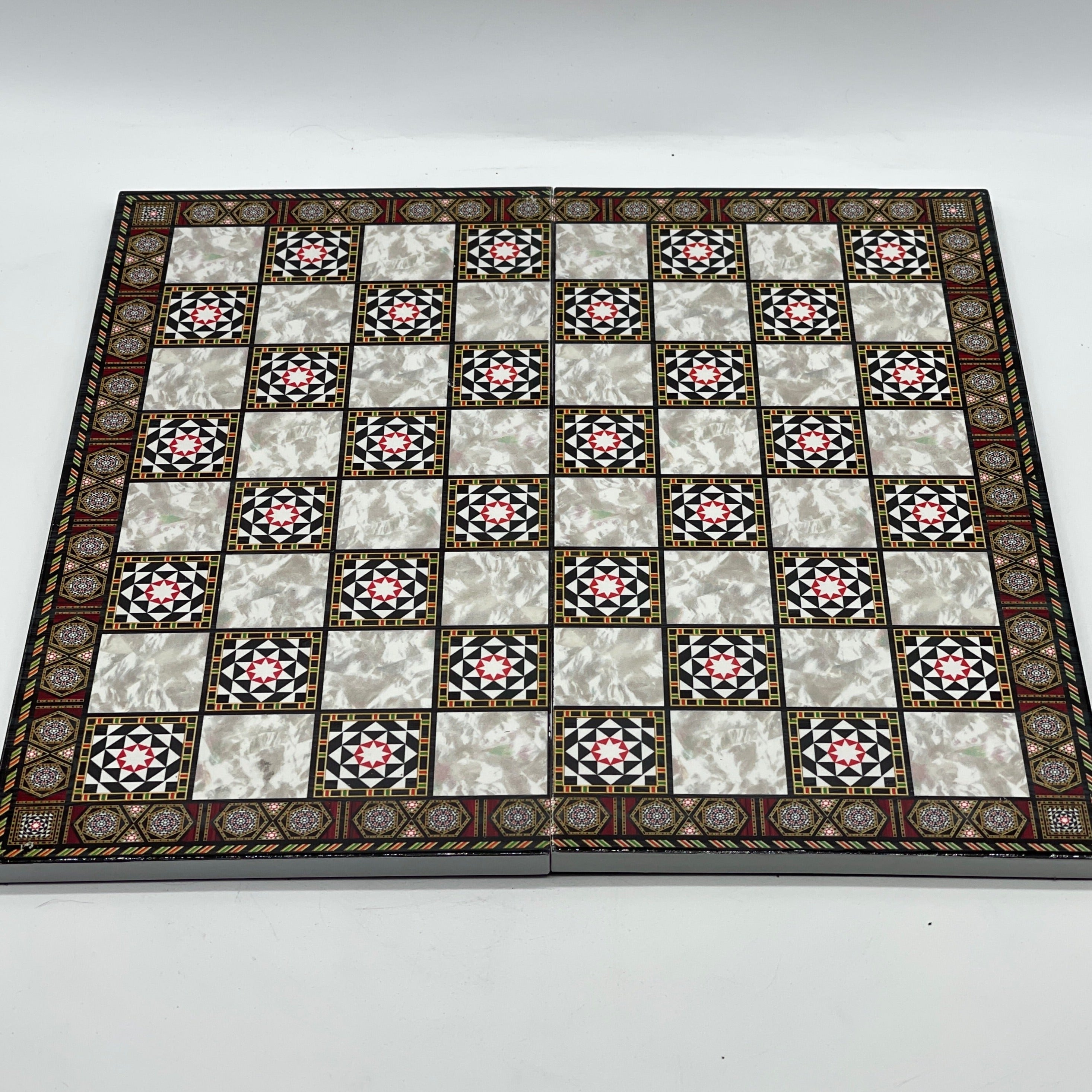 Large Mosaic Marble Pattern Folding Chess Board With Crusaders Metal Chess Pieces