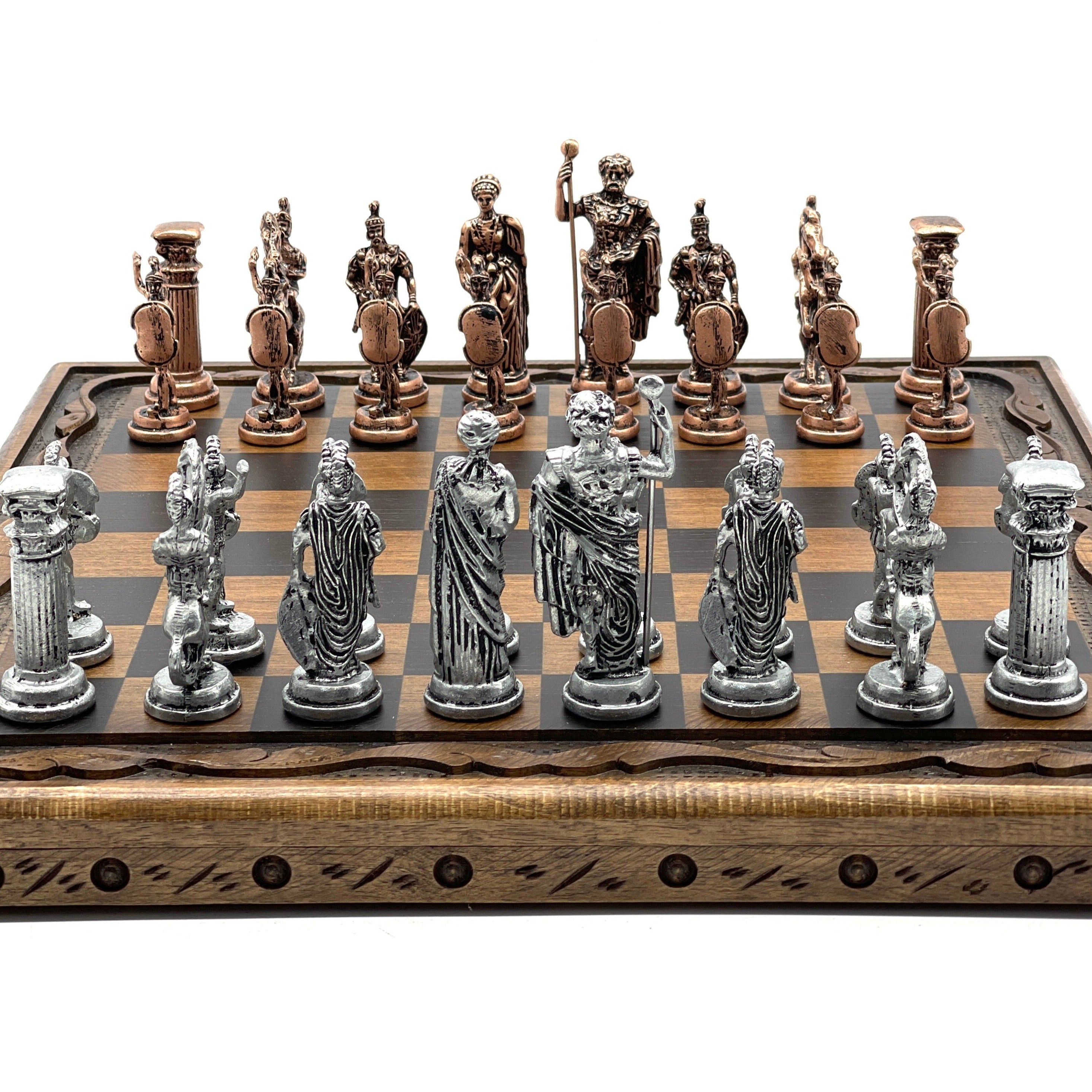 Handmade Wooden Chess Set With Large Archer Romans Metal Chess Pieces