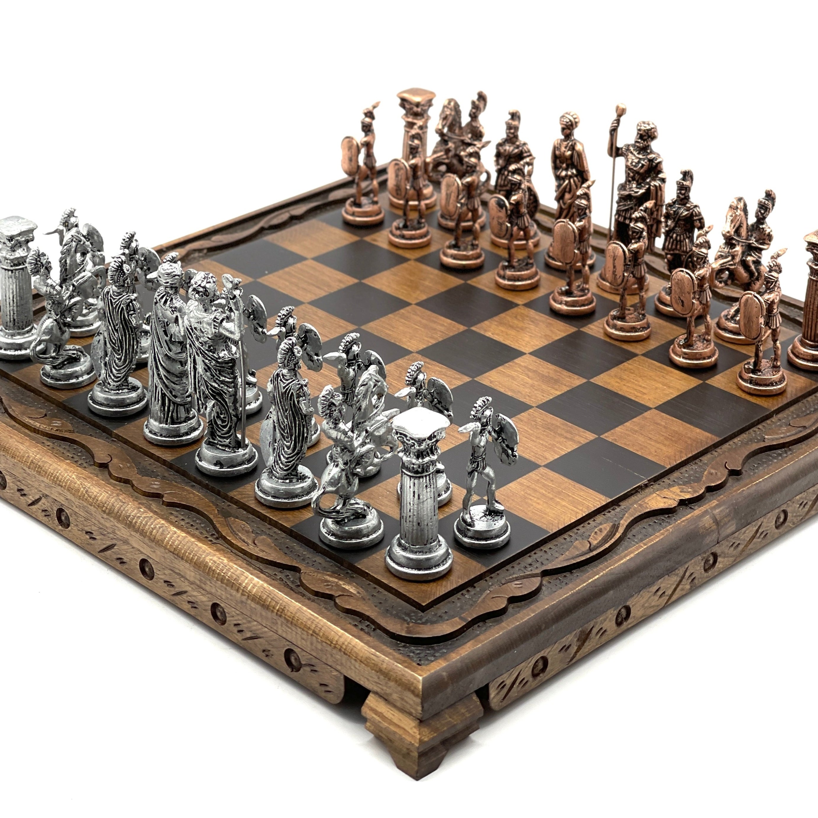 Handmade Wooden Chess Set With Large Archer Romans Metal Chess Pieces