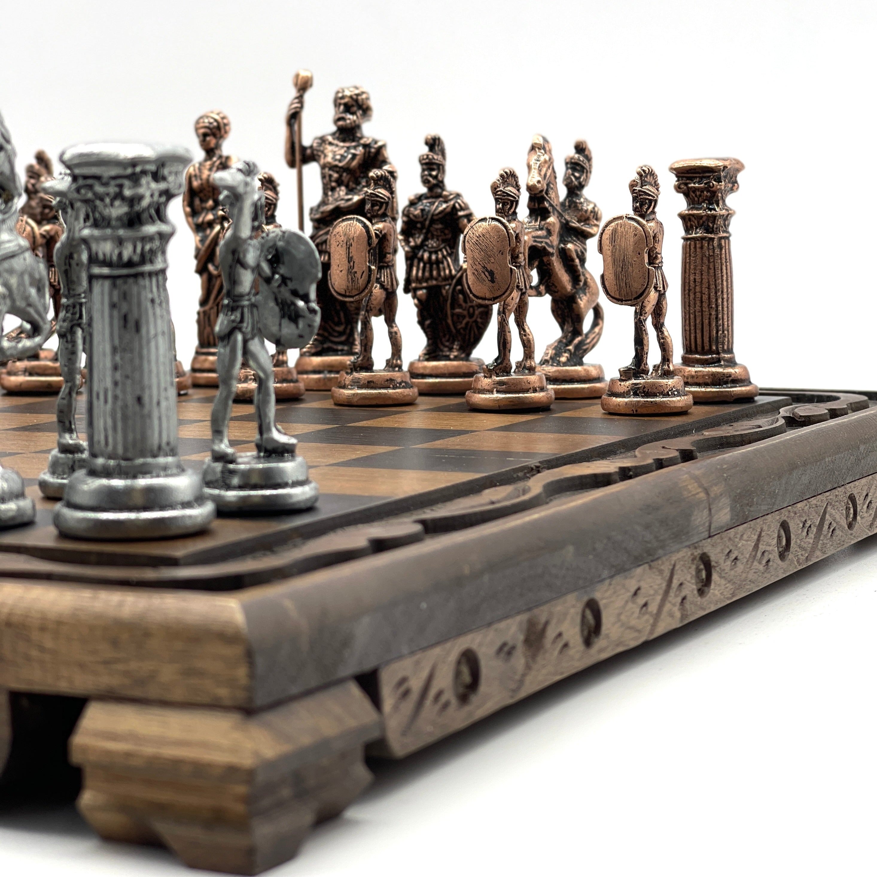 Handmade Wooden Chess Set With Large Archer Romans Metal Chess Pieces