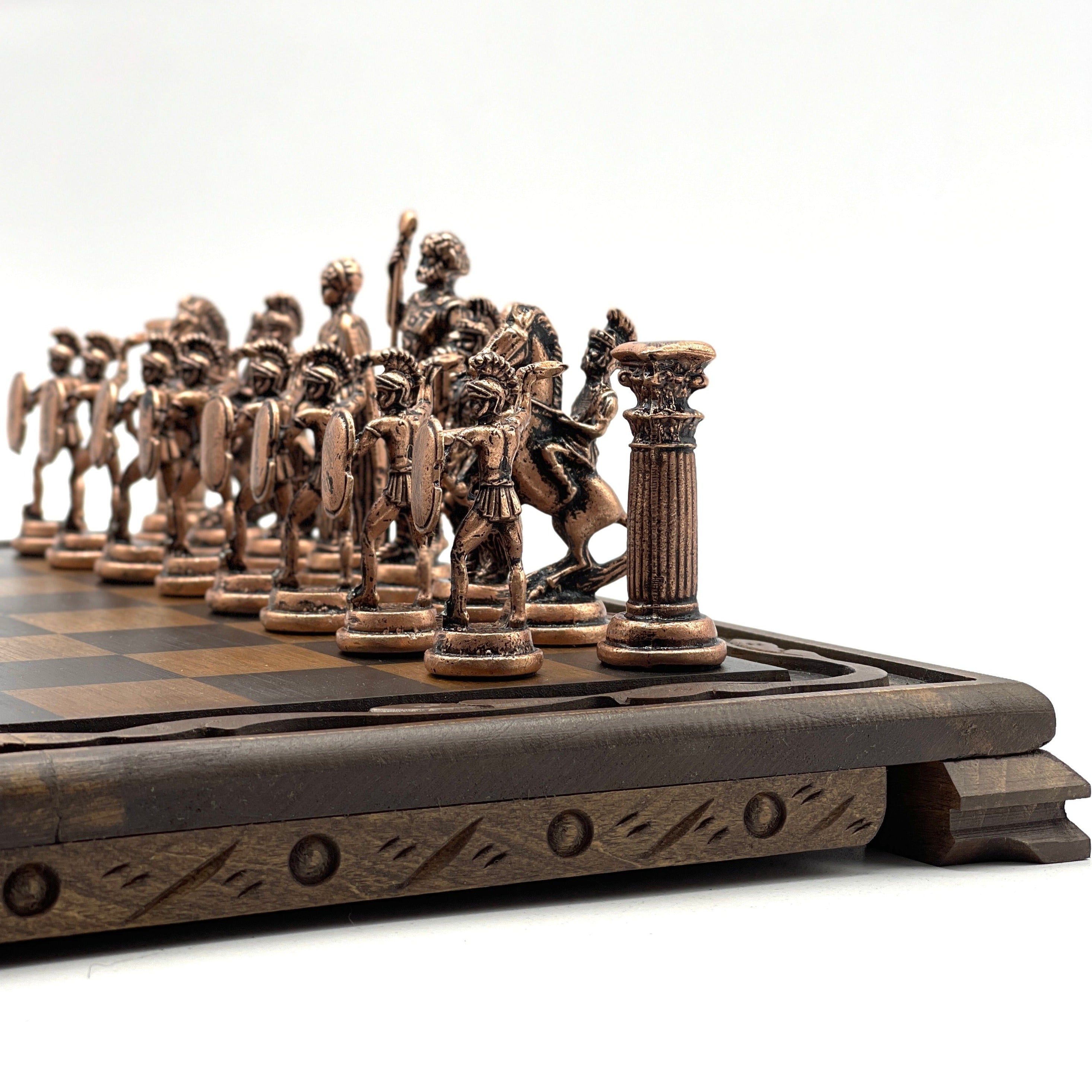 Handmade Wooden Chess Set With Large Archer Romans Metal Chess Pieces