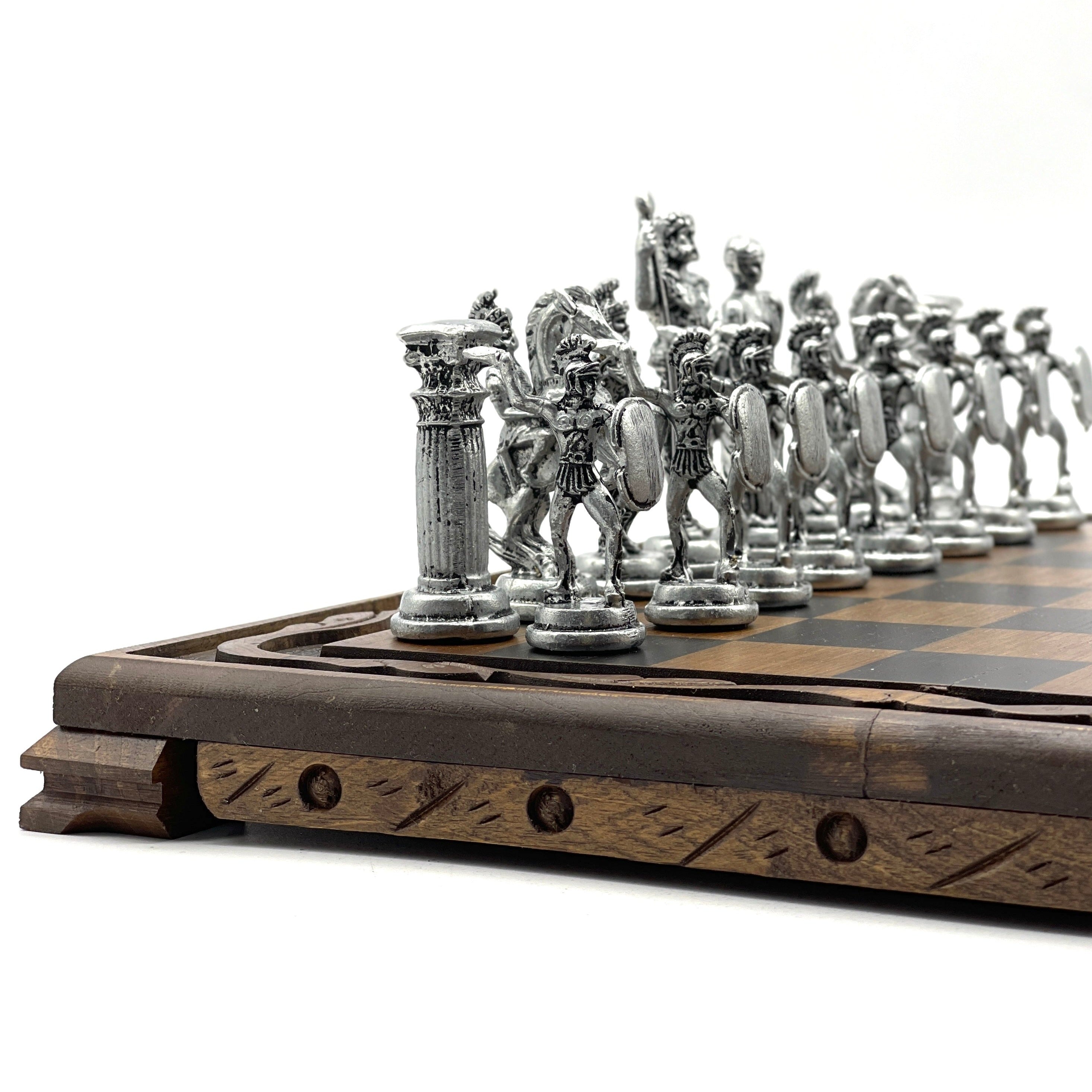 Handmade Wooden Chess Set With Large Archer Romans Metal Chess Pieces